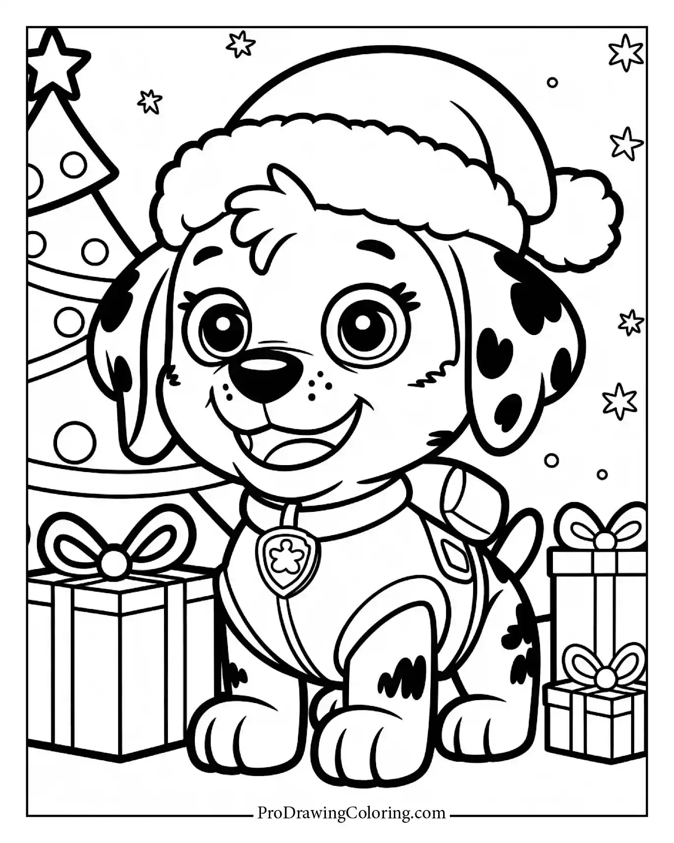 Everest Paw Patrol coloring page at a festive Christmas party