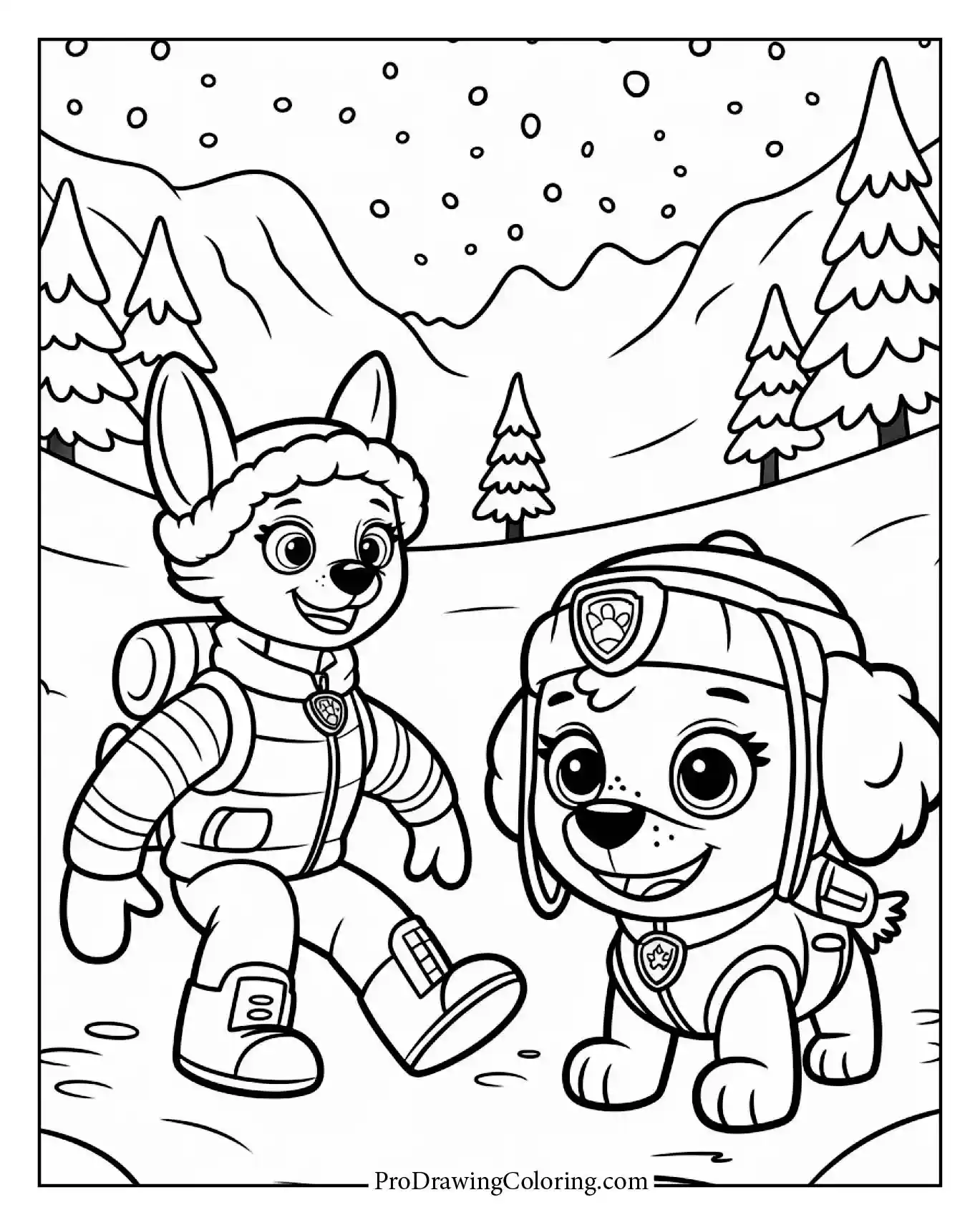 Everest Paw Patrol coloring page in a snowy mountain rescue