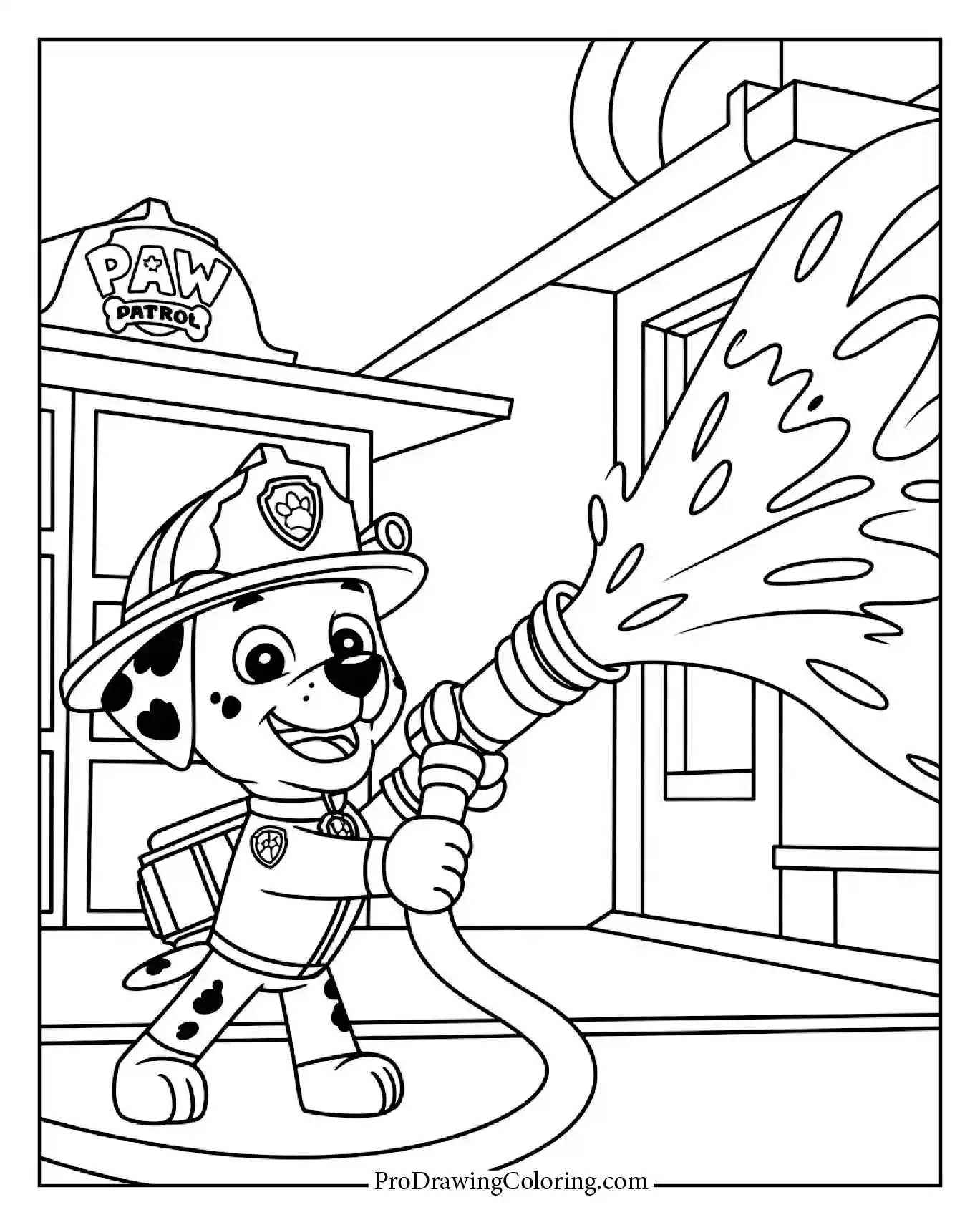 Creative coloring sheet of Paw Patrol's Marshall in his firefighter gear