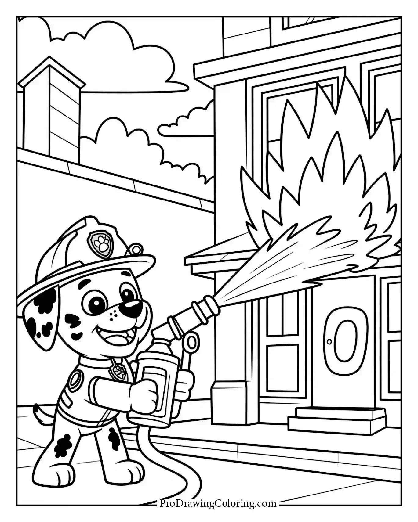Fun Marshall Paw Patrol coloring page in a fire rescue scene