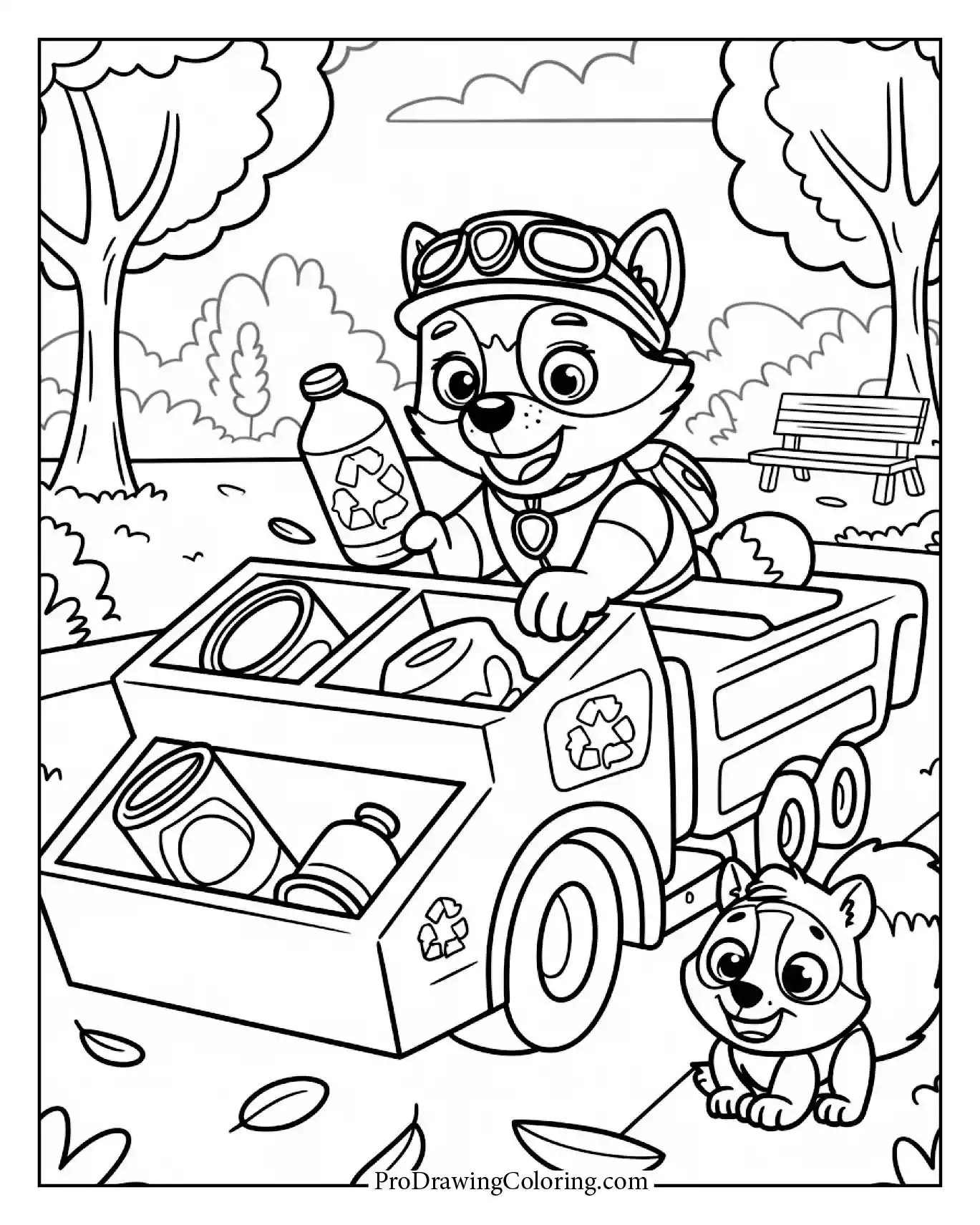 Printable Rocky Paw Patrol coloring page on a recycling mission