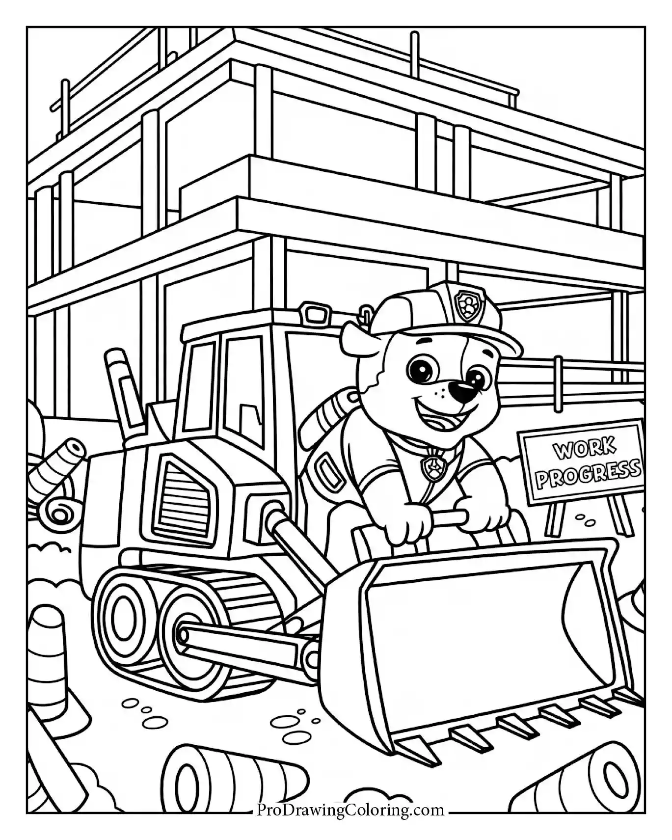 Printable Rubble Paw Patrol coloring page at a busy construction site