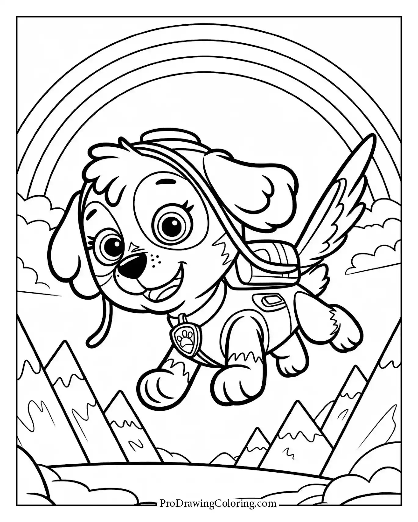 Paw patrol skye coloring pages with her flying above mountains
