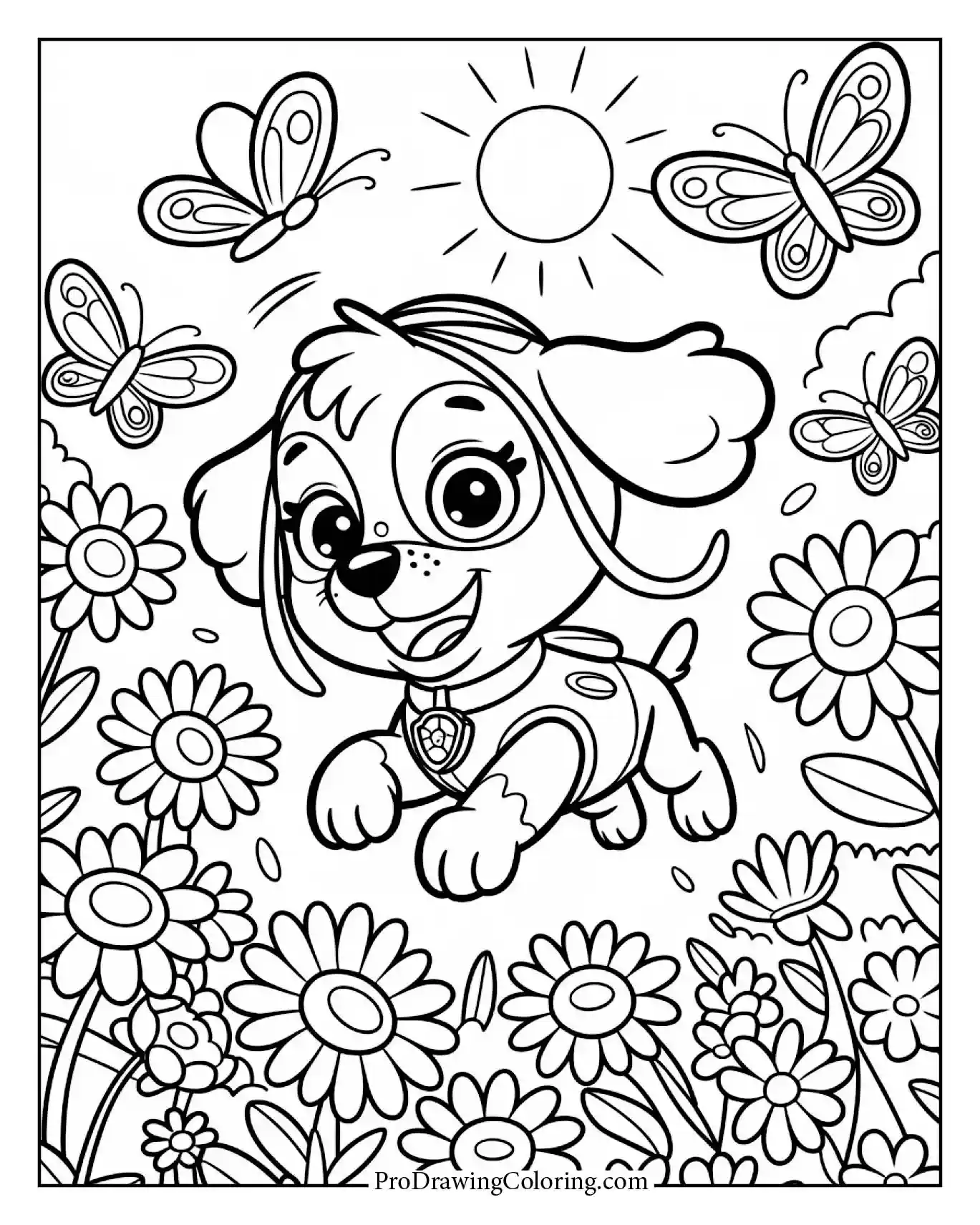Skye Paw Patrol coloring page in a colorful flower garden