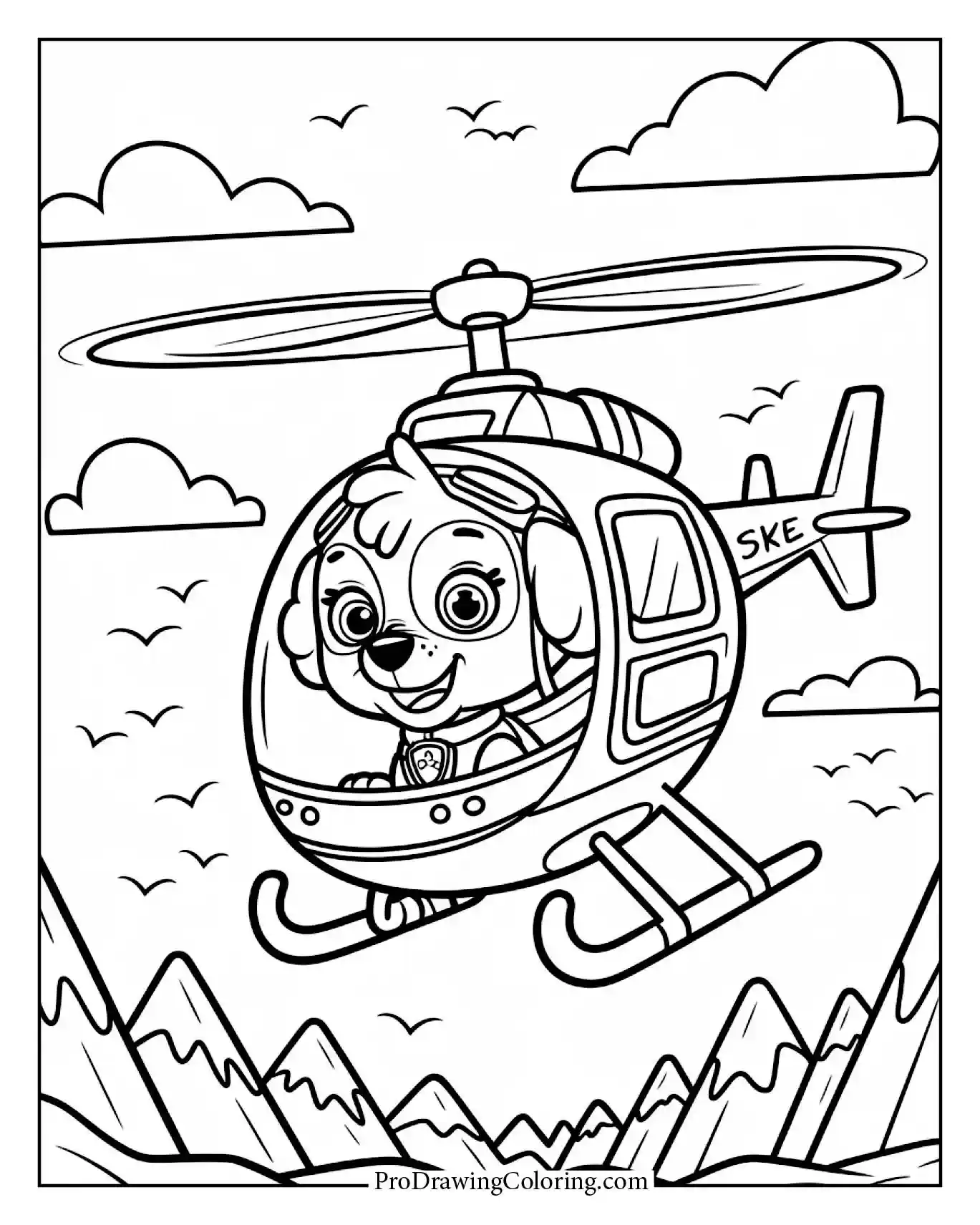 Skye Paw Patrol coloring page flying over snowy mountain peaks
