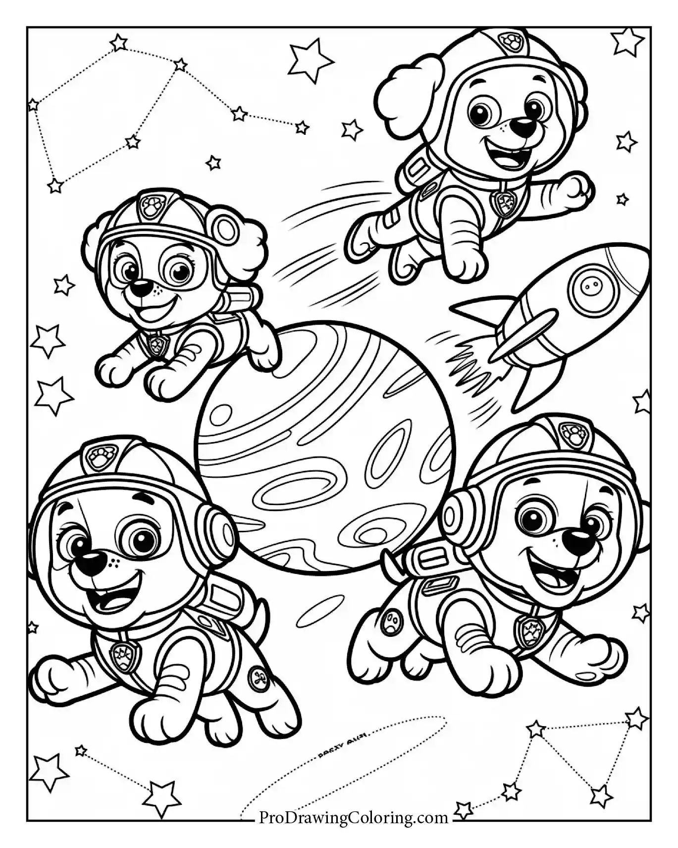 Paw Patrol space adventure coloring page with planets and rockets