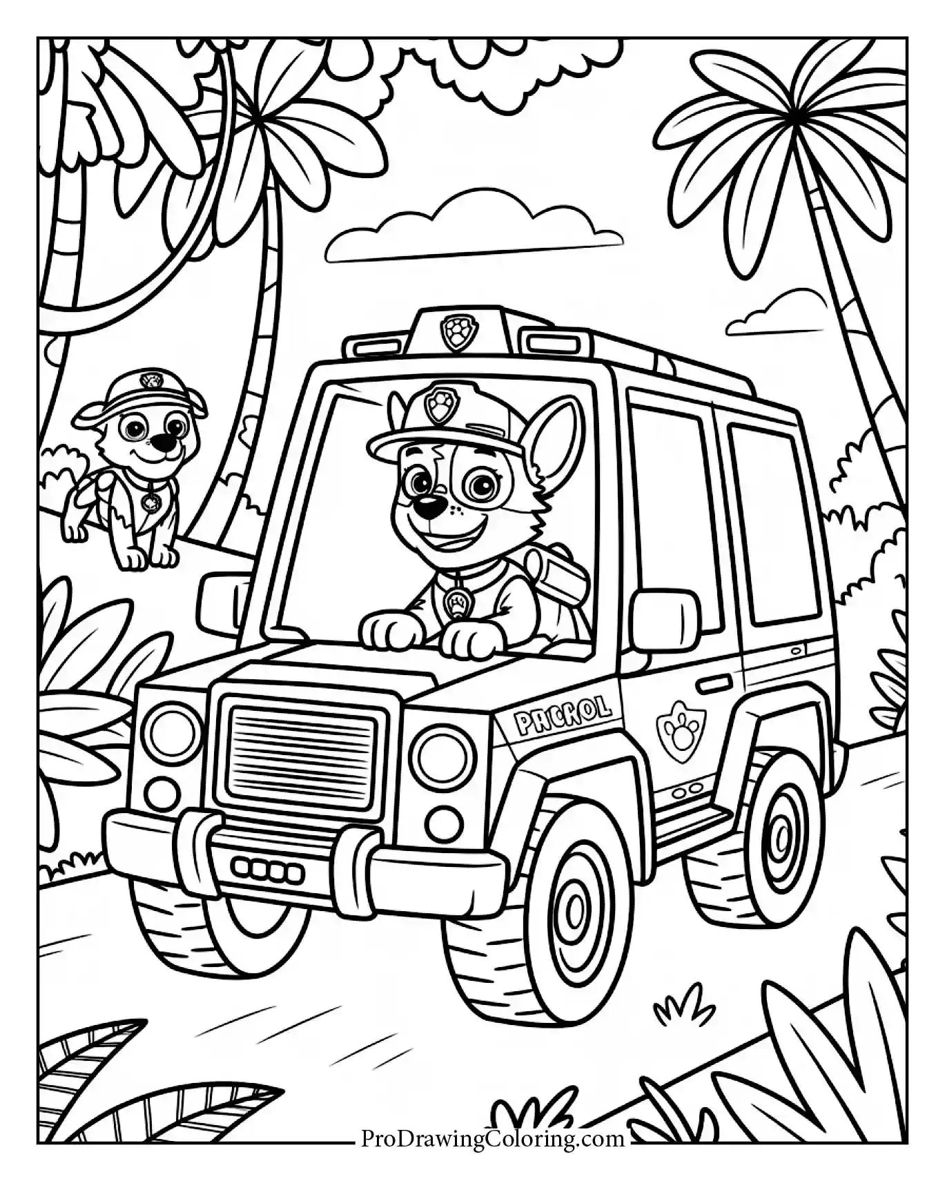 Tracker Paw Patrol coloring page in a jungle rescue adventure