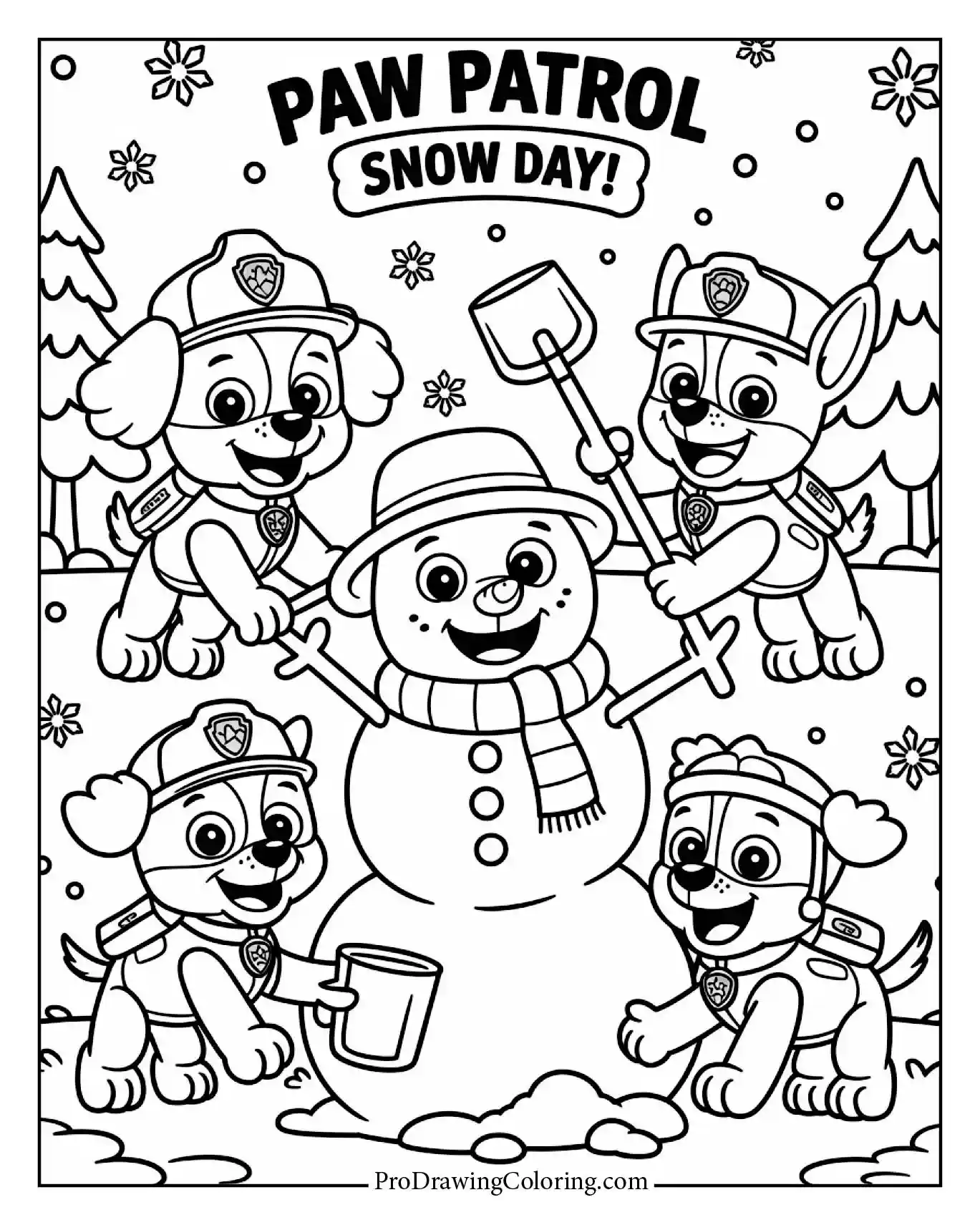 Printable Paw Patrol winter coloring sheet with snowy scenes