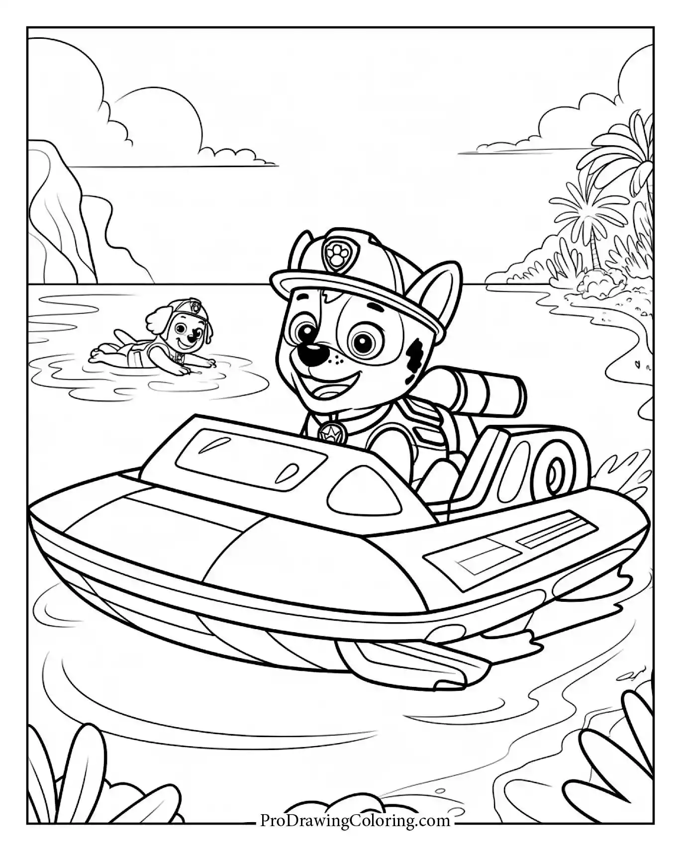 Zuma Paw Patrol coloring page at the beach during a rescue mission