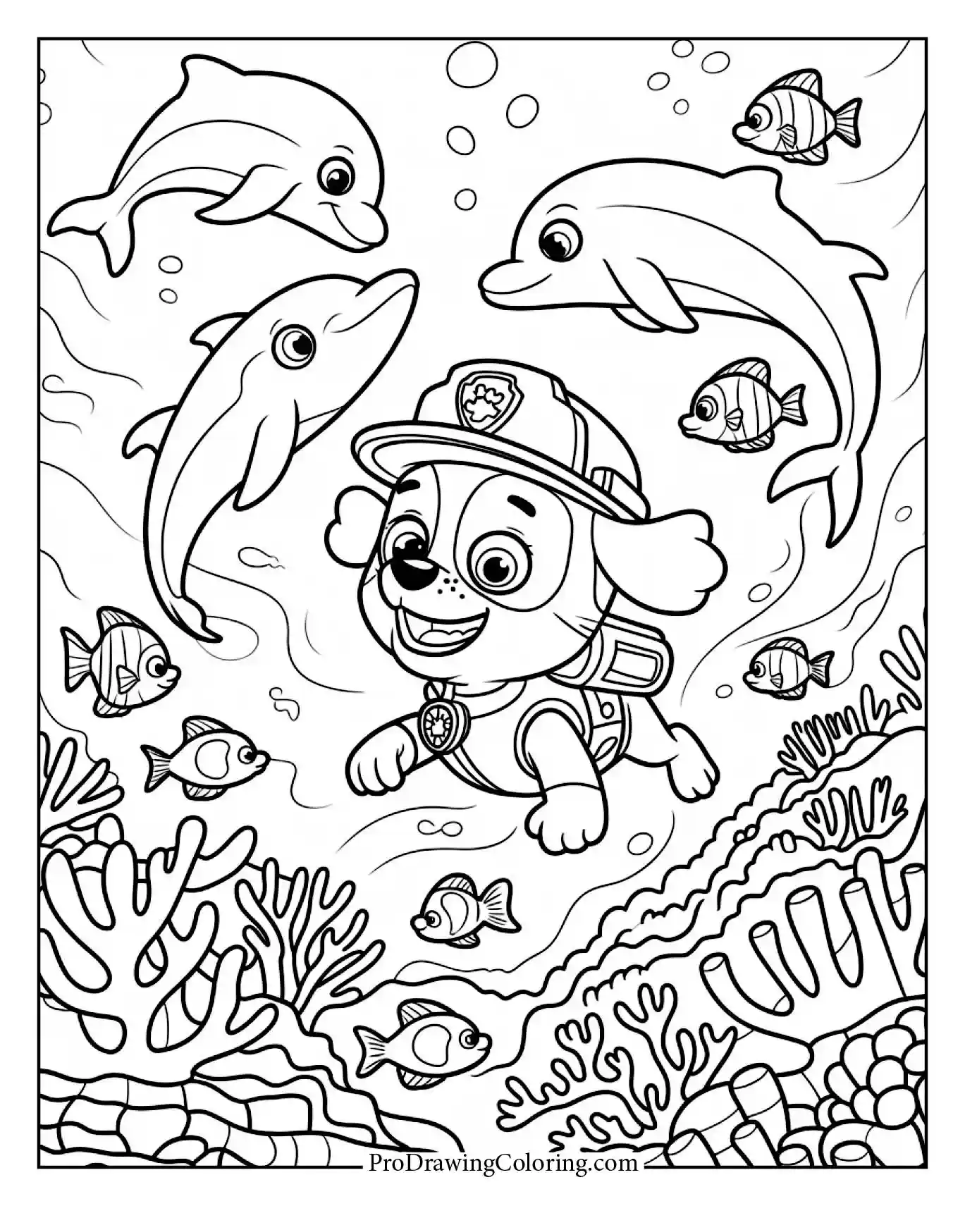 Zuma Paw Patrol coloring page diving underwater with sea creatures