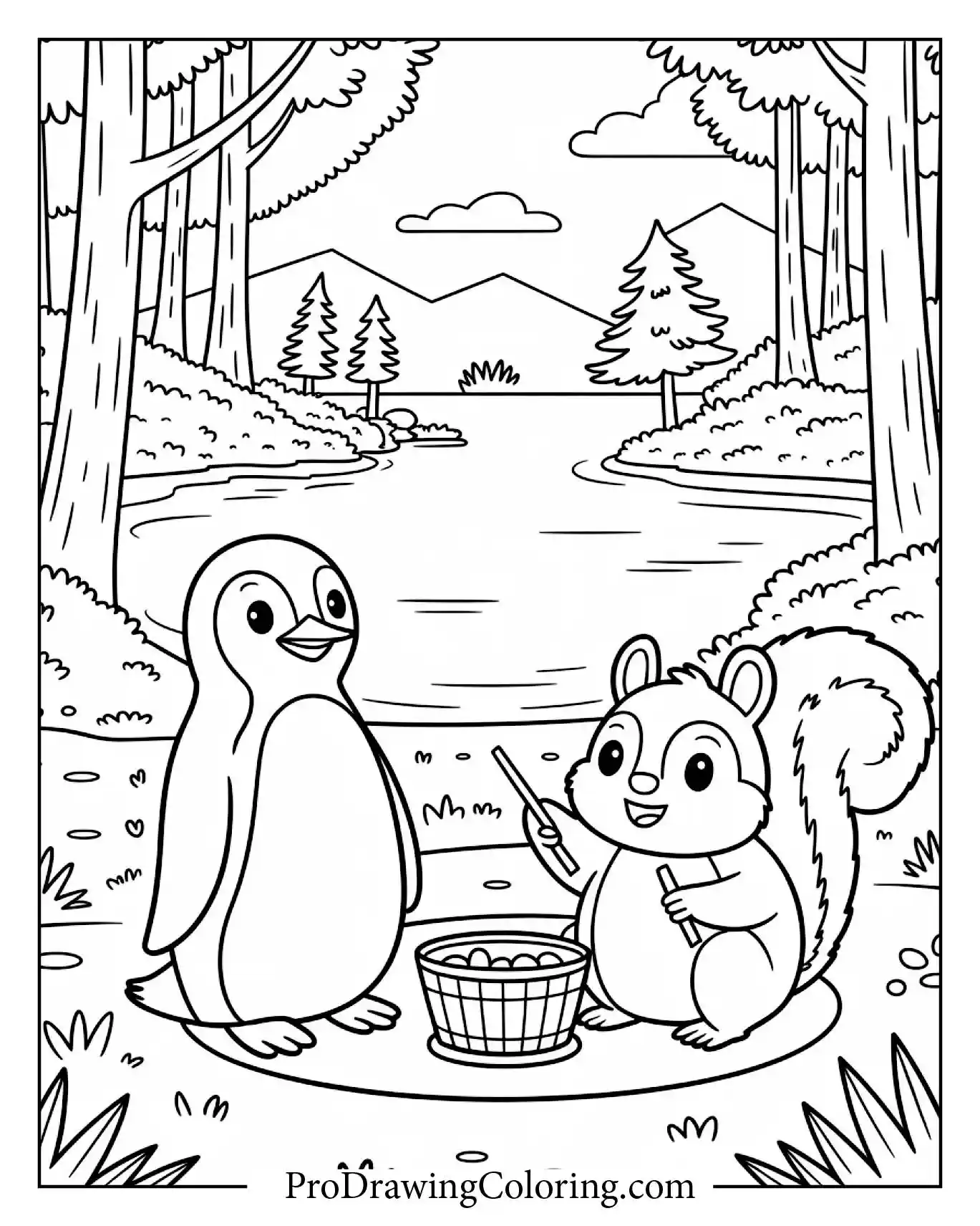 Penguin And Squirrel Picnic Printable – printable penguin coloring page for kids