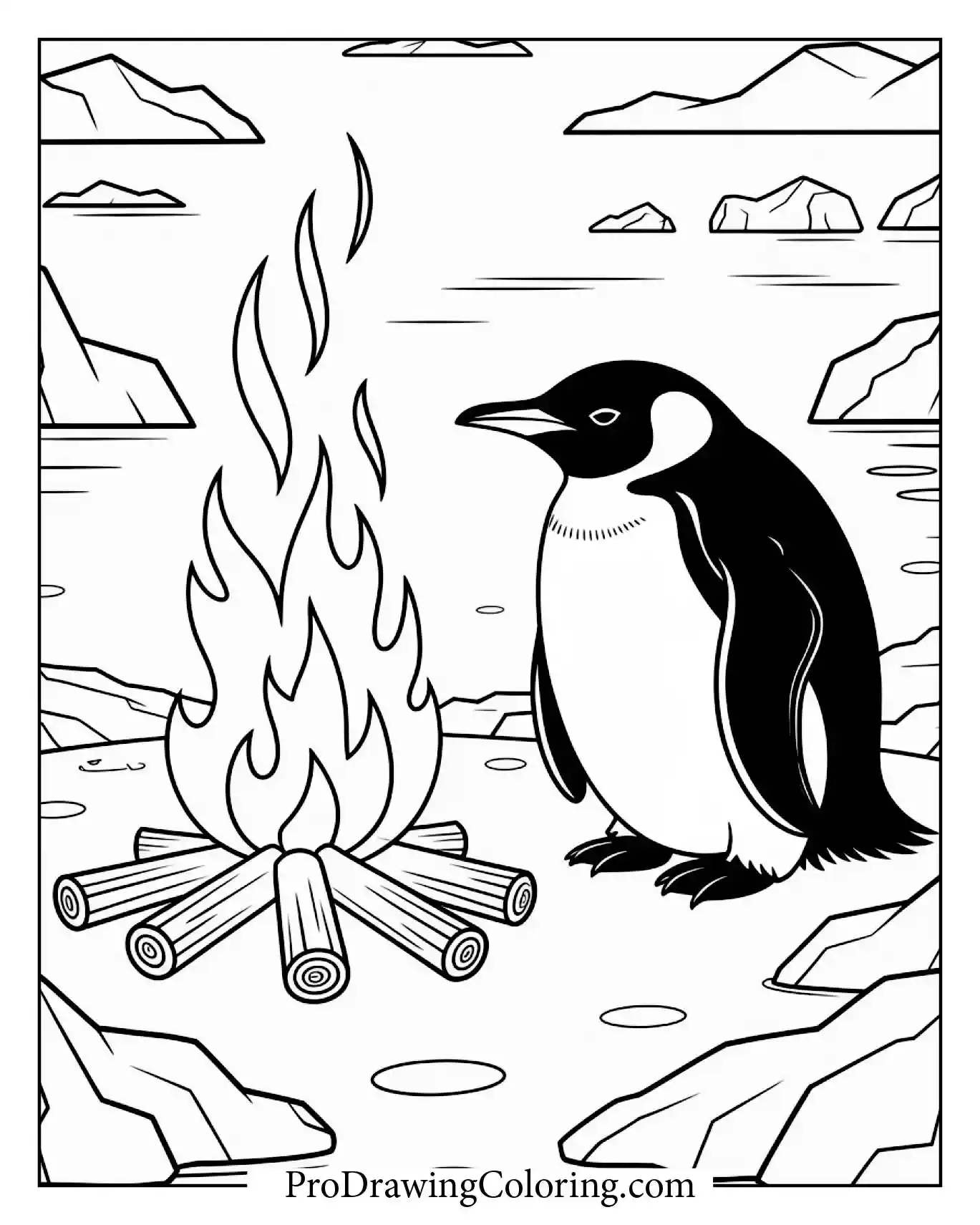 Penguin By Campfire Coloring Sheet – printable penguin coloring page for kids