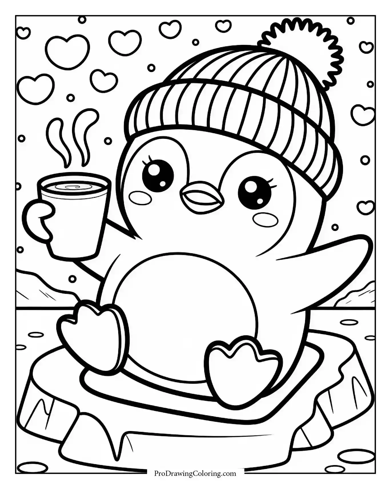 Cute penguin sliding on ice and holding cup of hot chocolate, free printable sheet