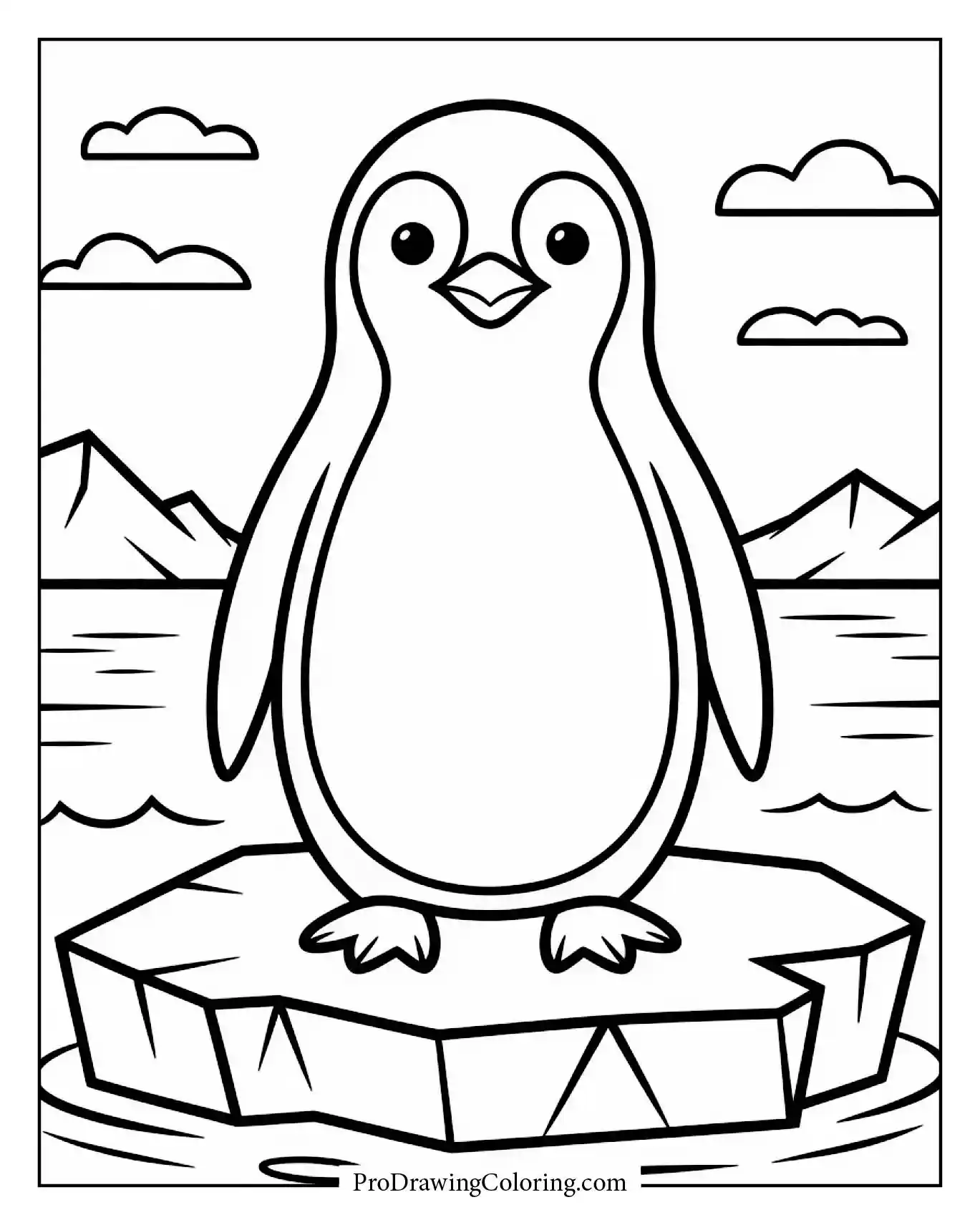 Cartoon penguin standing on an ice block with a simple background, printable coloring page
