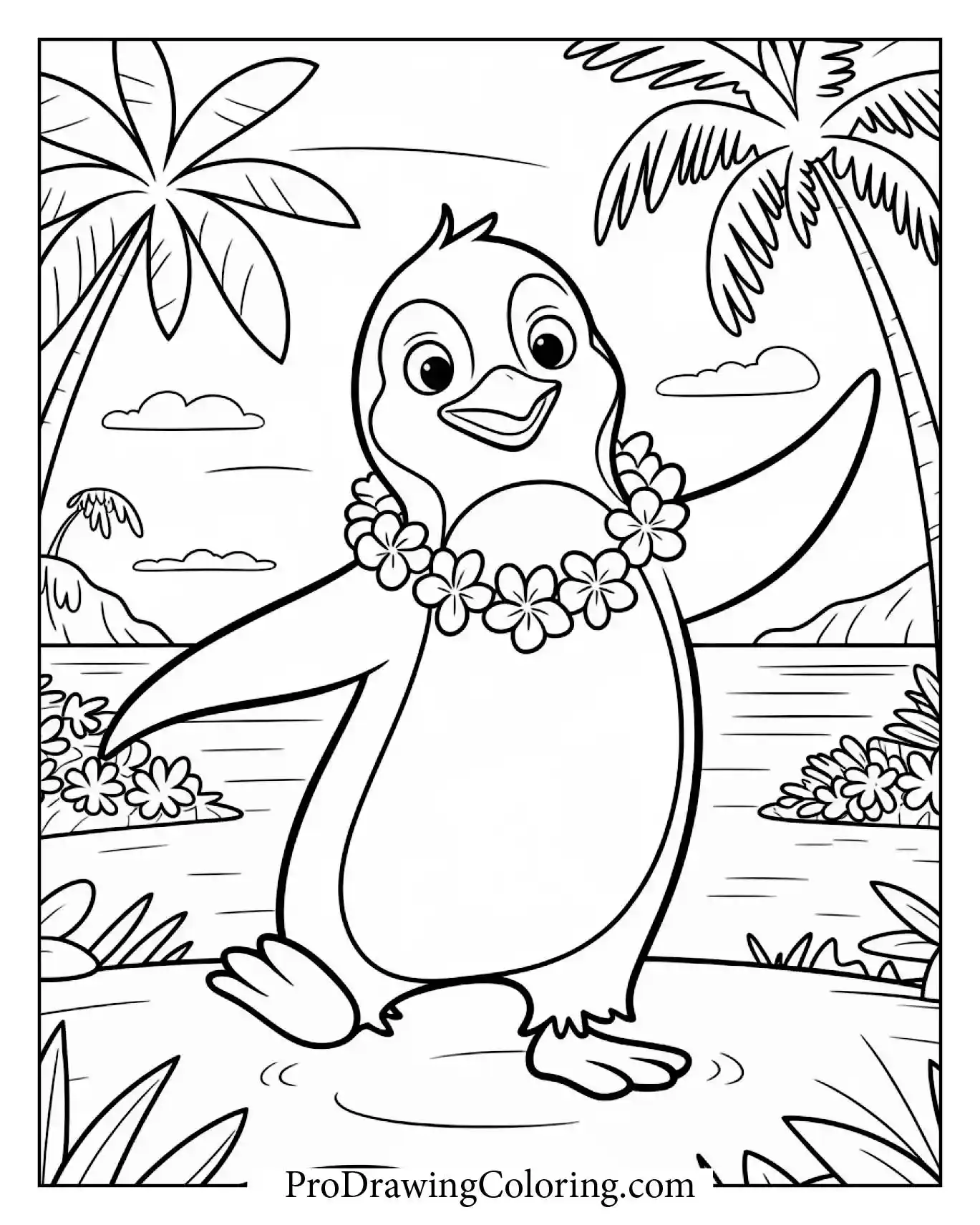 Penguin Dancing Hula Hawaii Printable – printable penguin coloring page for kids