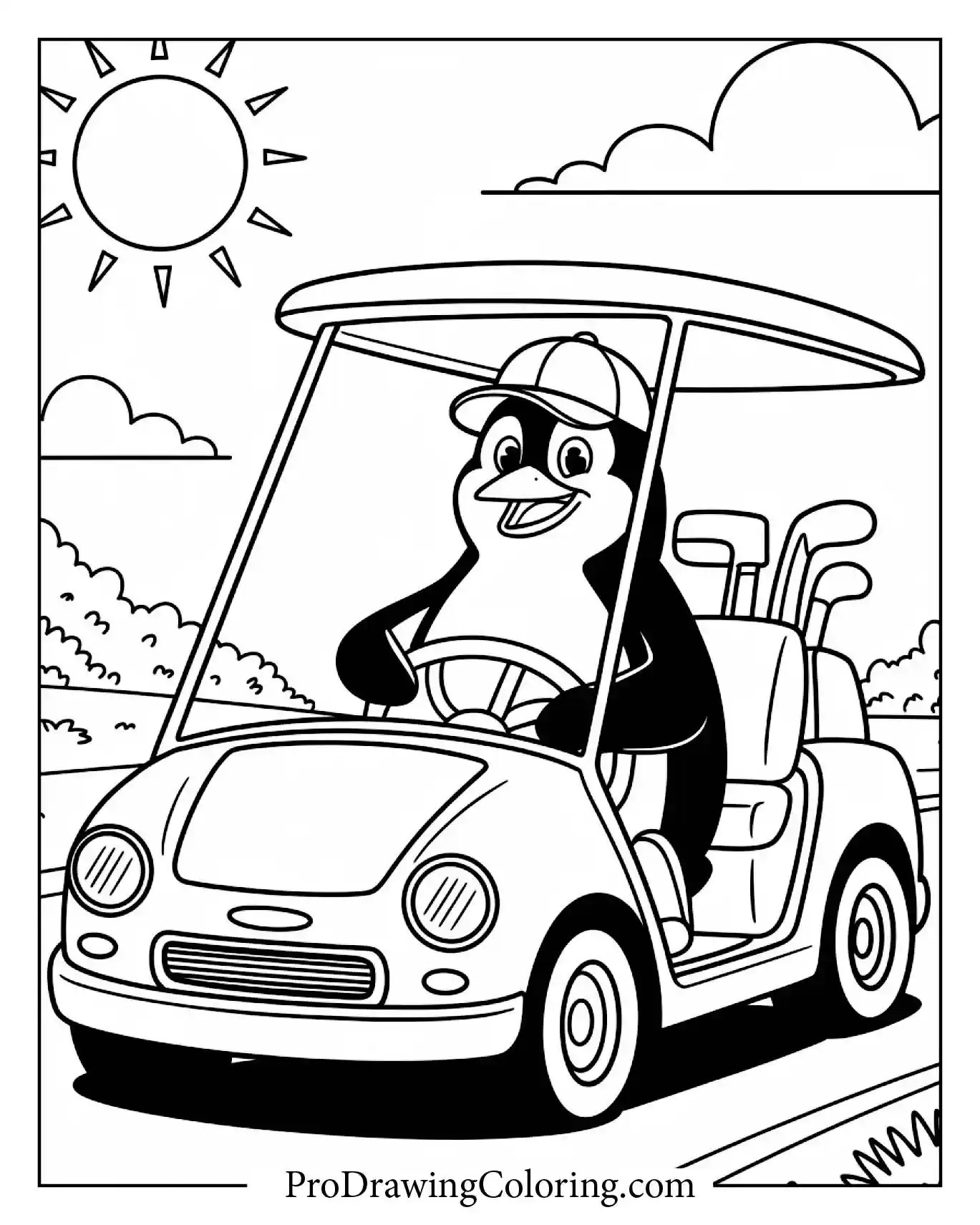 Penguin Driving Golf Car Coloring Sheet – printable penguin coloring page for kids