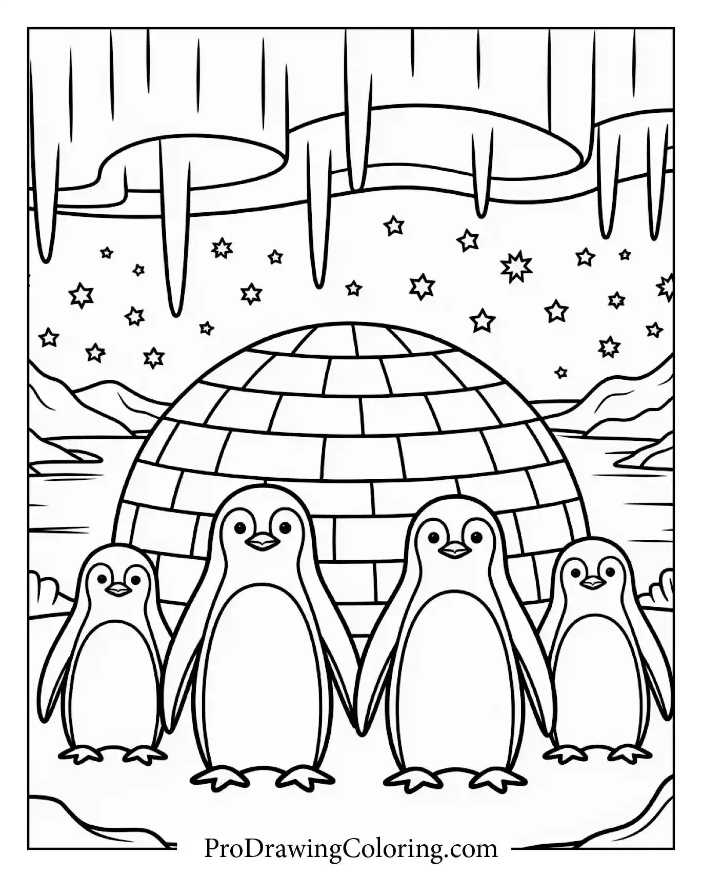 Penguin Family Under Aurora Coloring Page – printable penguin coloring page for kids