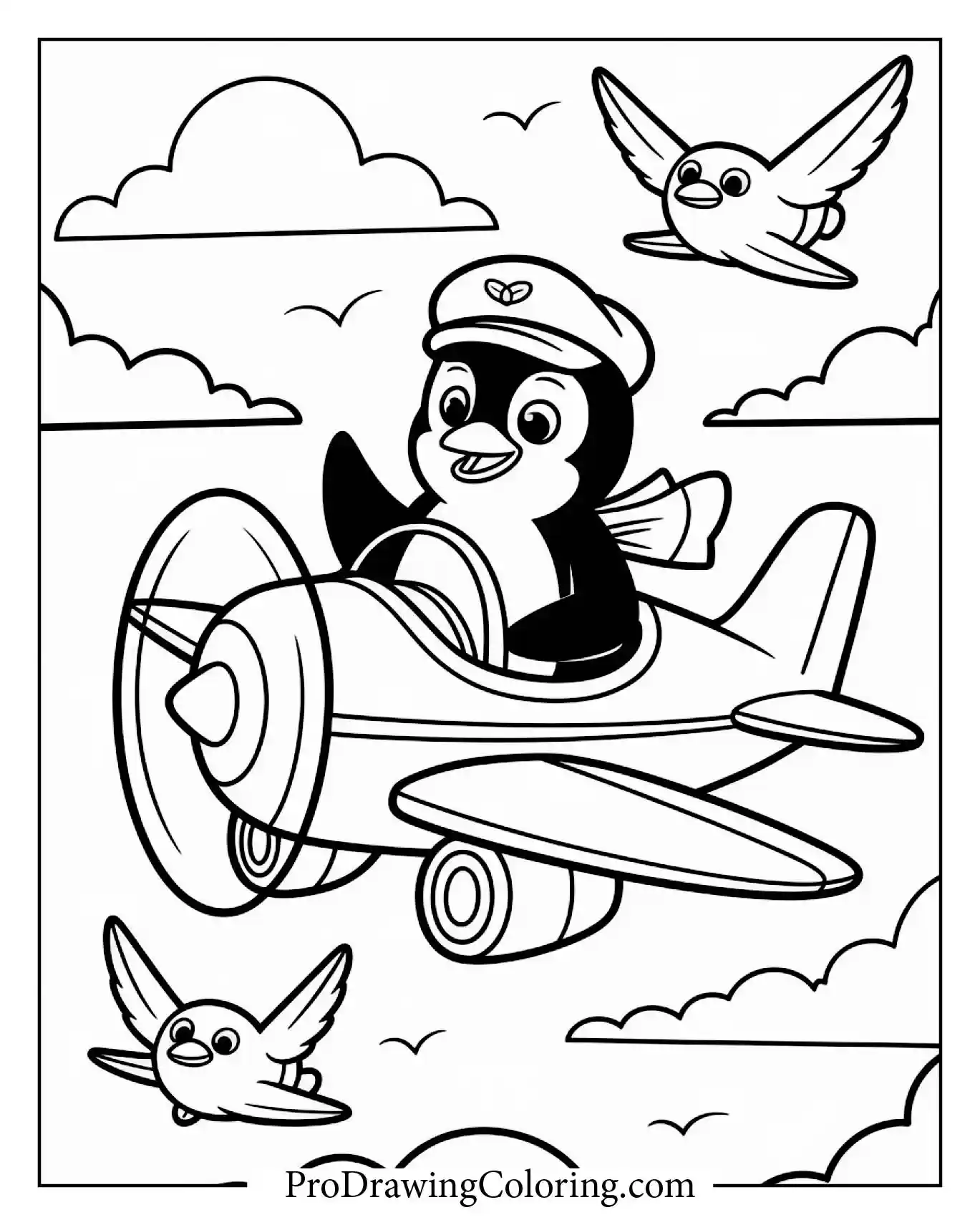 Penguin Flying Airplane Coloring Page – printable penguin coloring page for kids