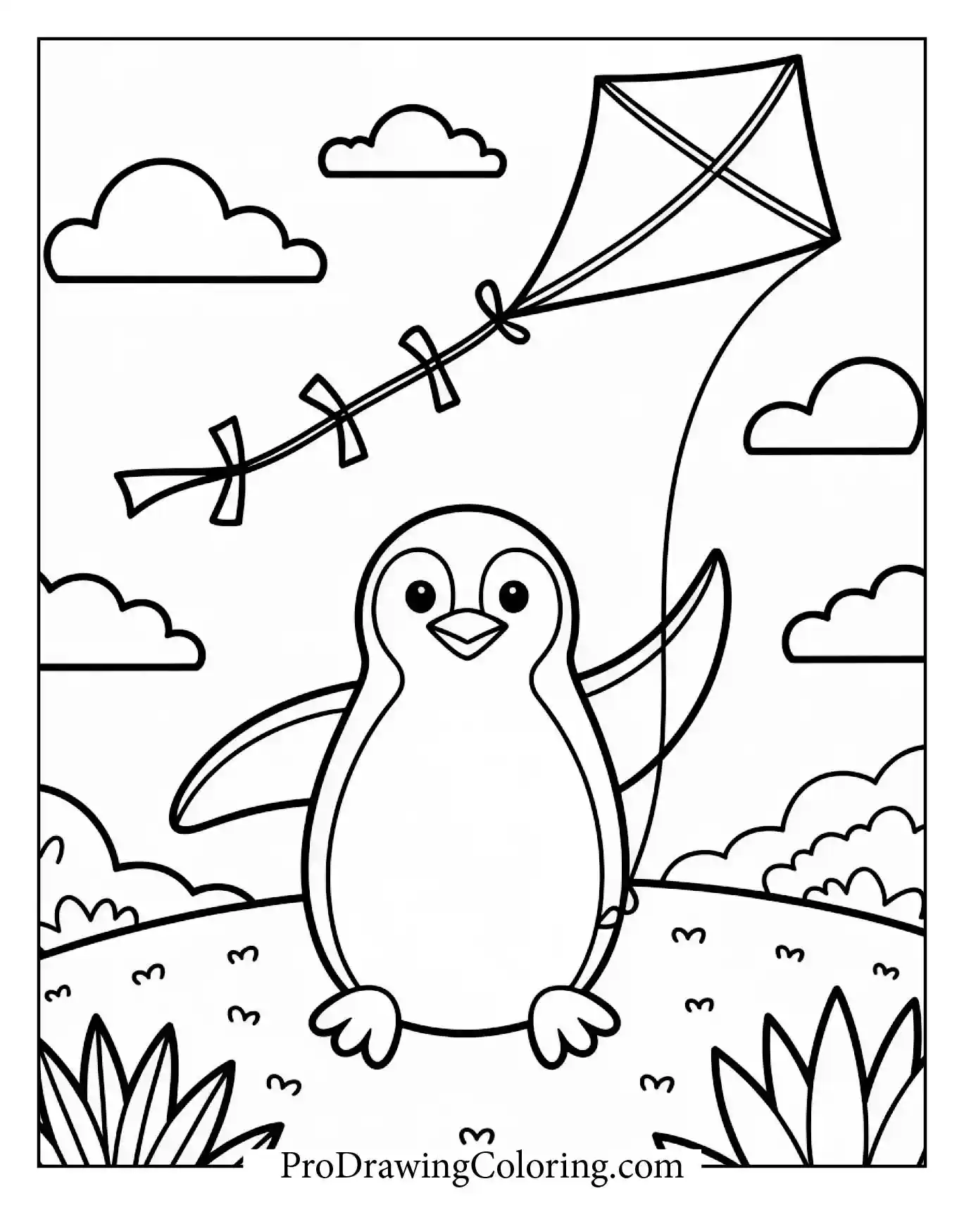 Penguin Flying Kite – printable penguin coloring page for kids