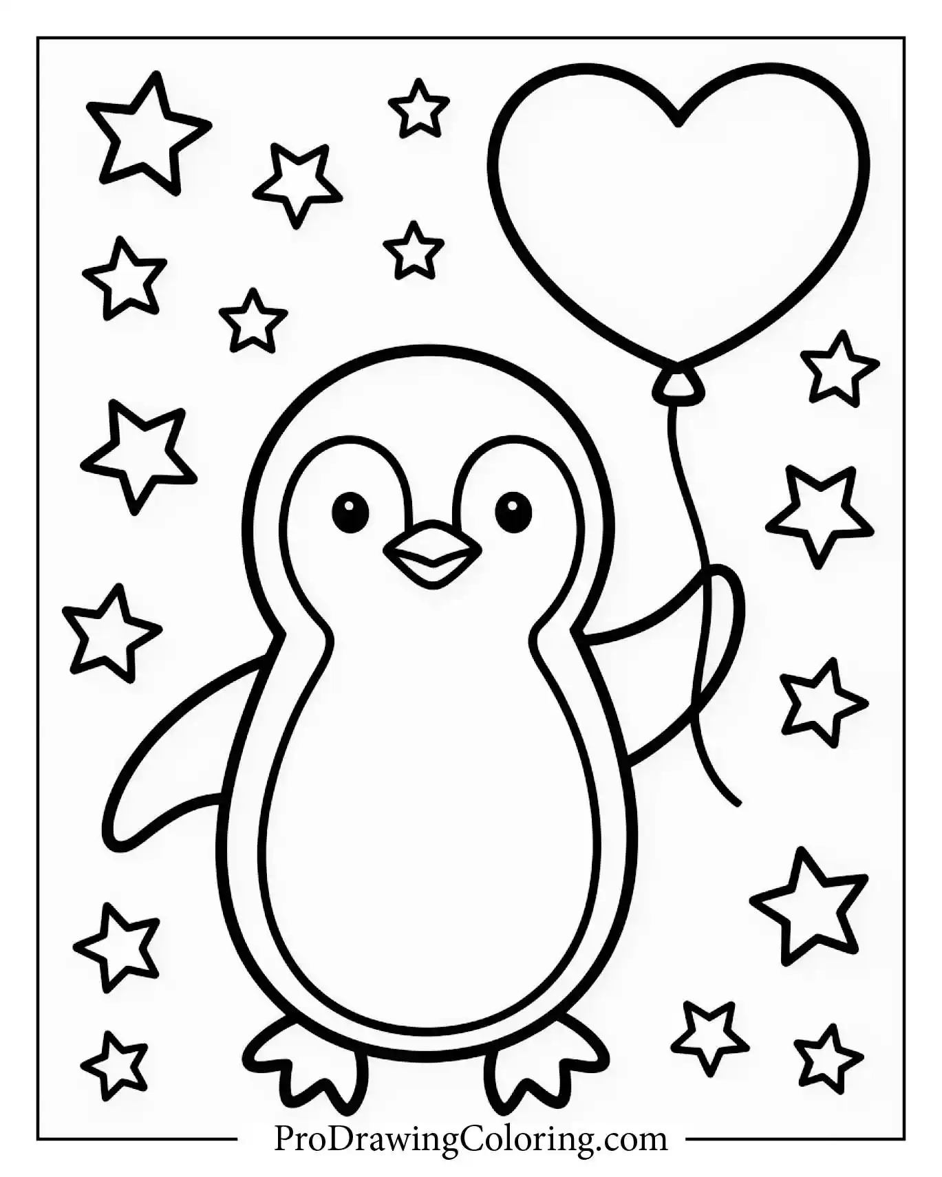 Penguin Holding Heart Balloon Printable – printable penguin coloring page for kids