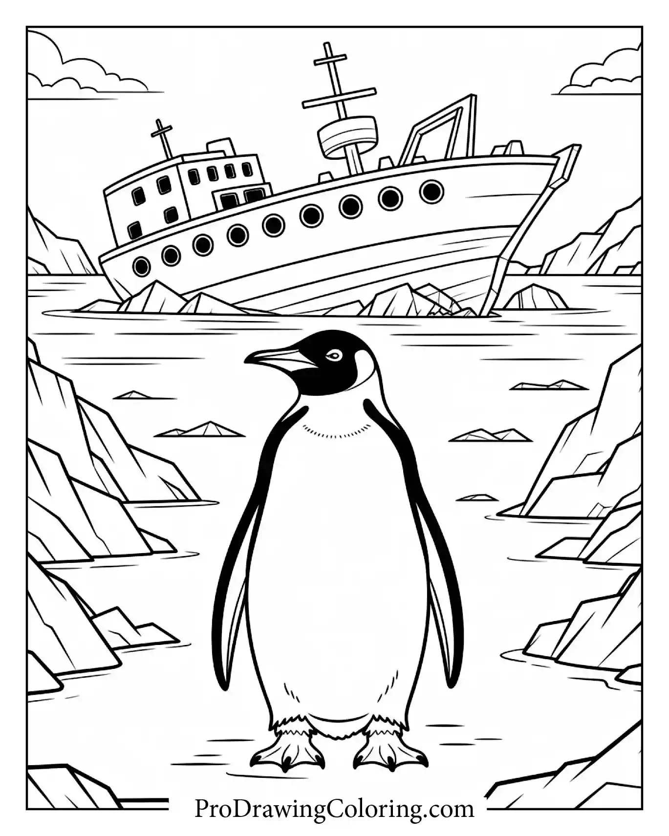 Penguin Near Shipwreck Coloring Page – printable penguin coloring page for kids