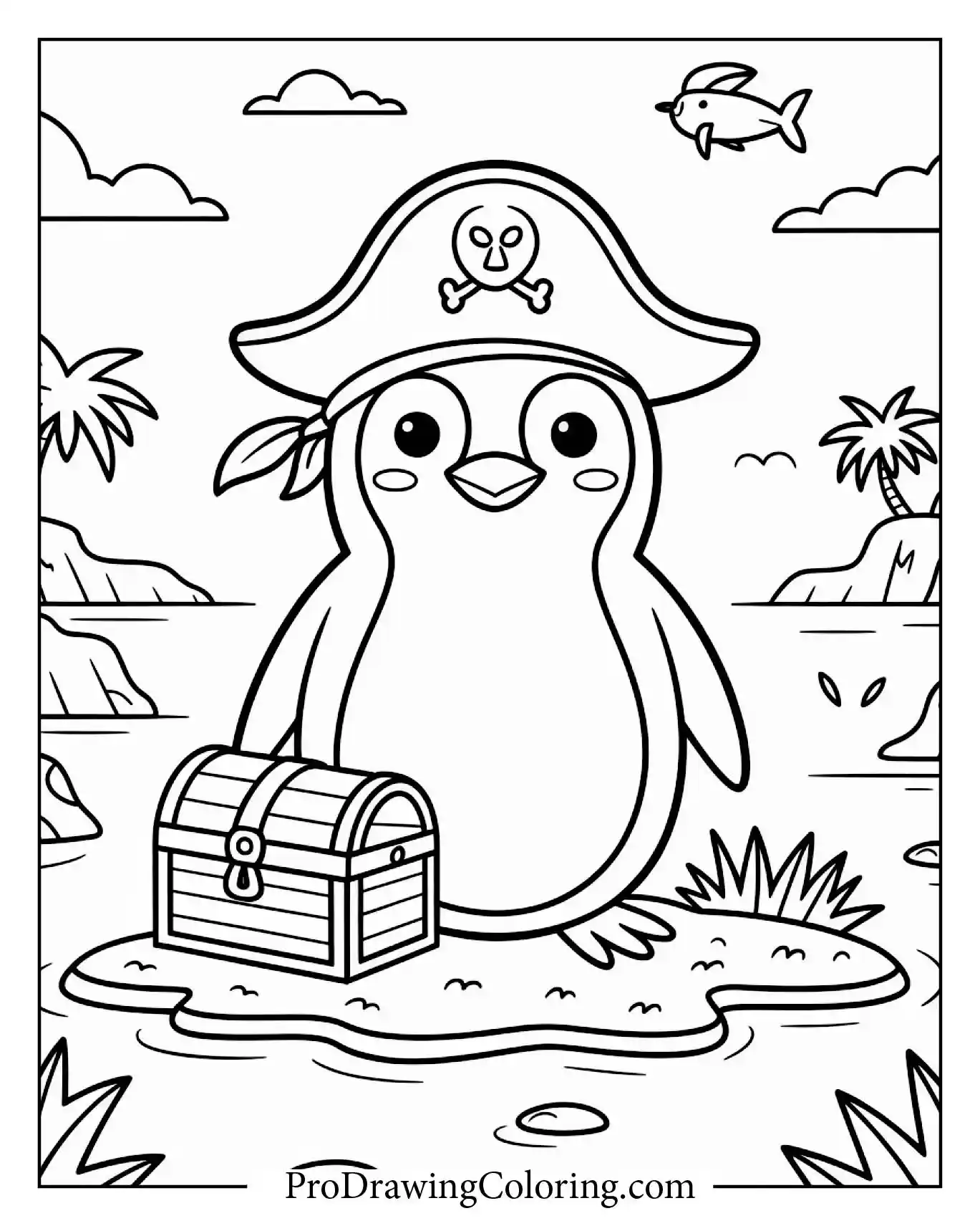 Penguin Pirate On Island To Print – printable penguin coloring page for kids