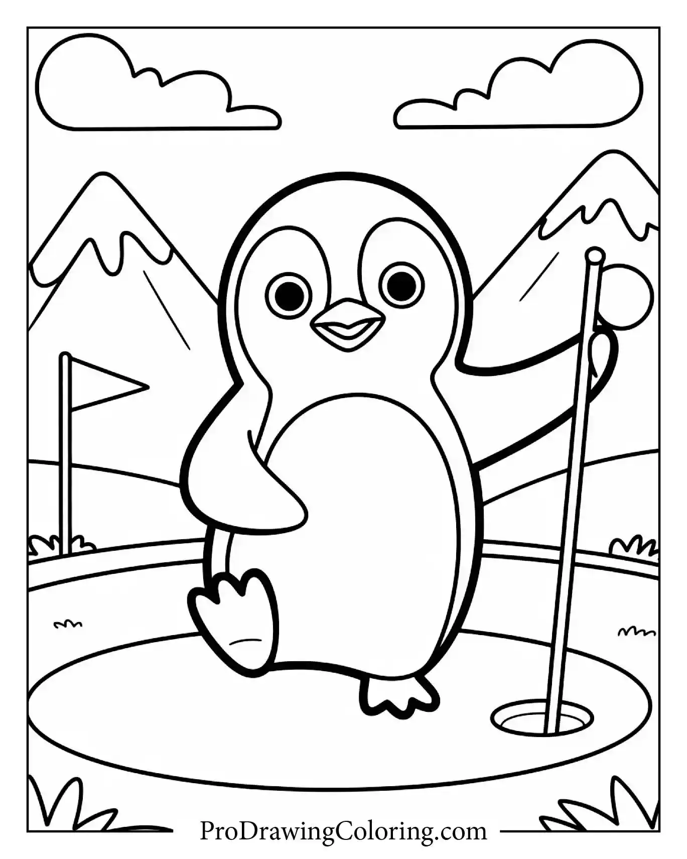 Penguin Playing Golf Coloring Page – printable penguin coloring page for kids