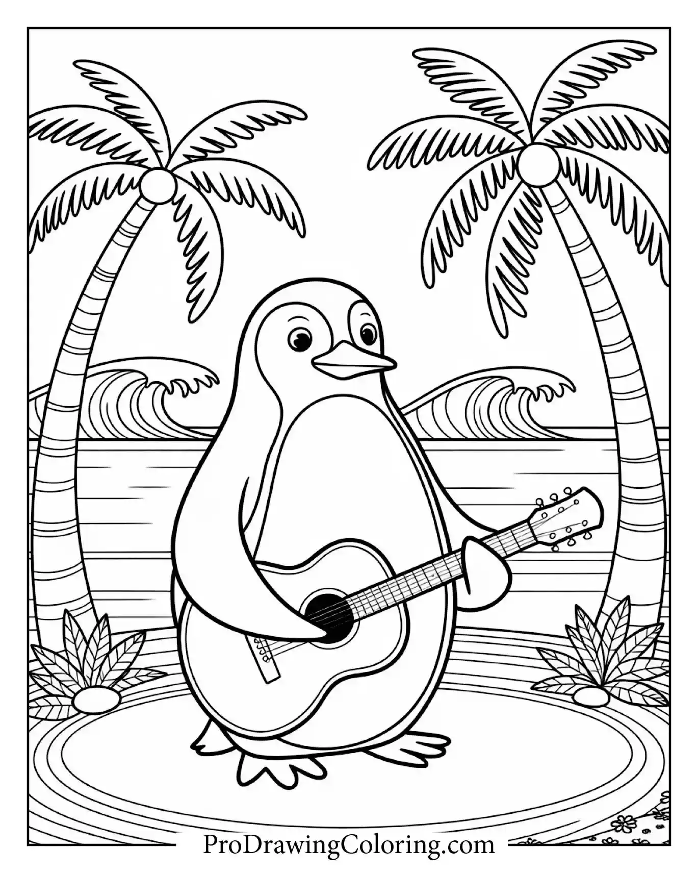 Penguin Playing Guitar On Beach To Print – printable penguin coloring page for kids