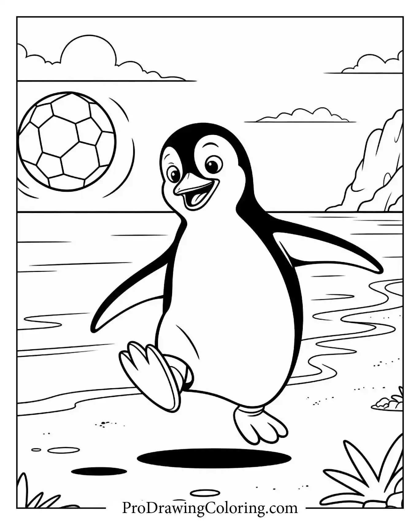 Penguin Playing Soccer On Beach To Print – printable penguin coloring page for kids