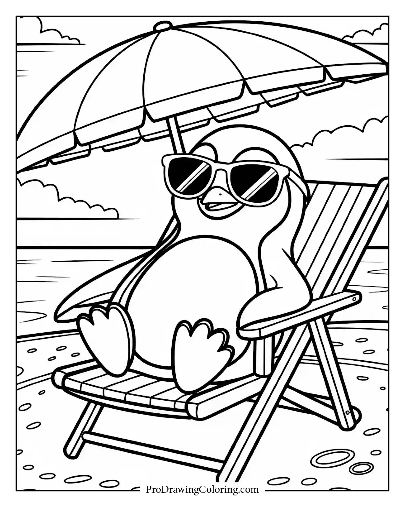 Beach coloring pages – cute penguin relaxing on the beach