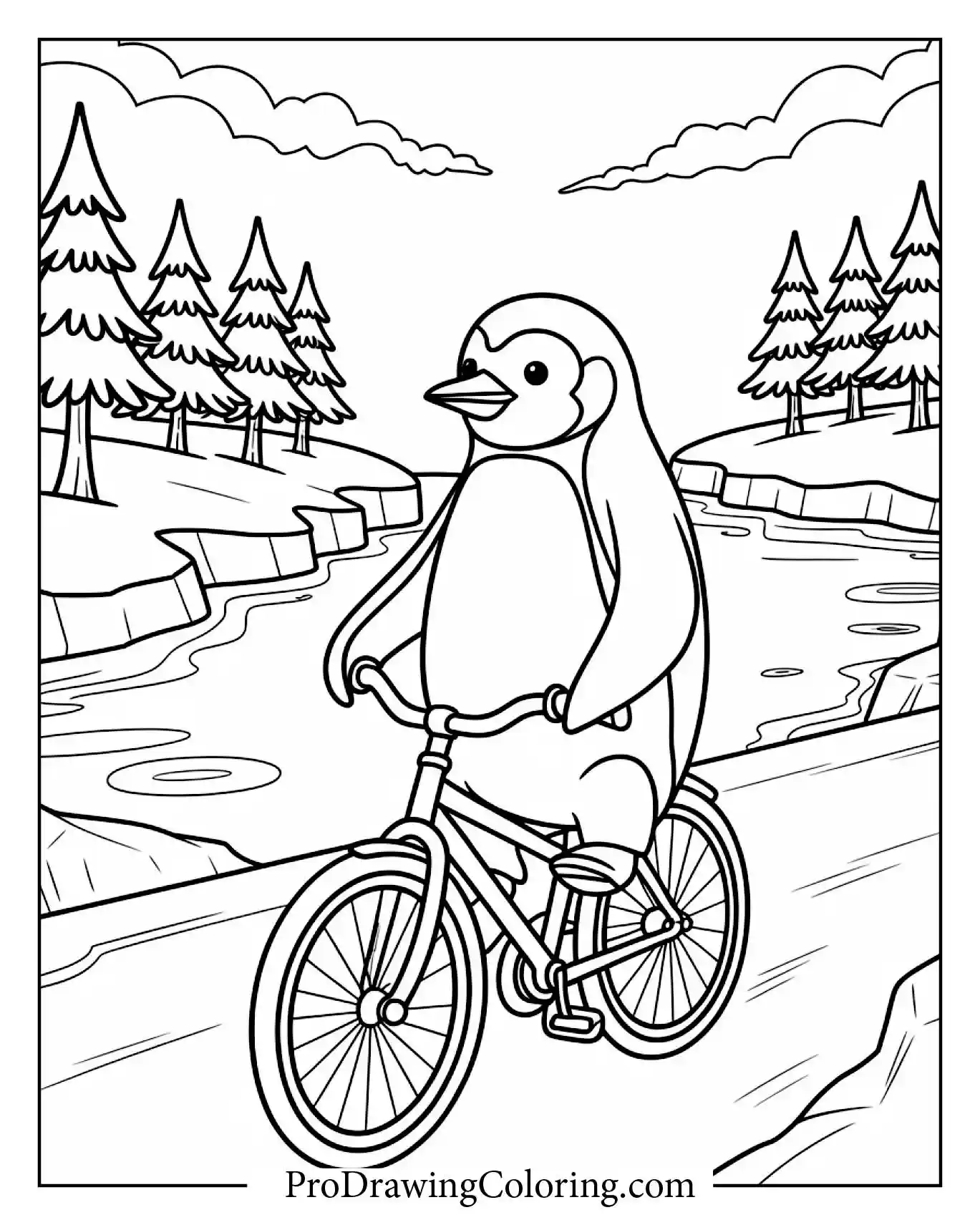 Penguin Riding Bike – printable penguin coloring page for kids