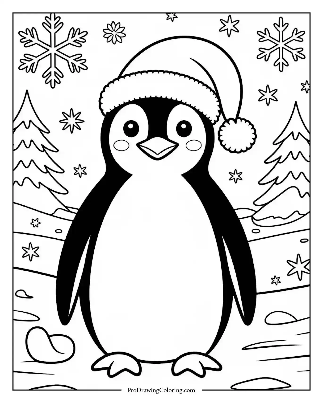 penguin santa hat winter printable Penguin with Santa hat standing in snowy winter landscape
