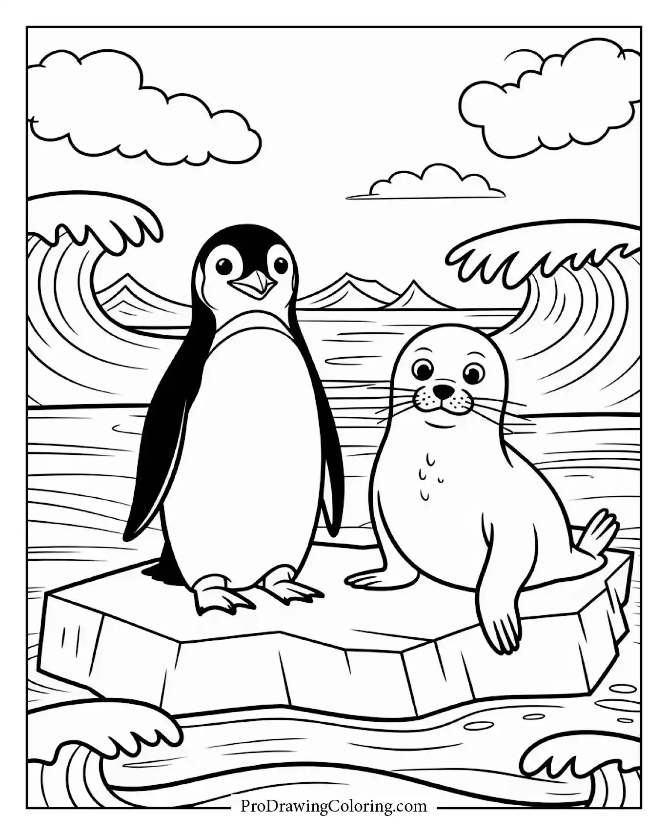 Cartoon penguin and seal on an ice block with waves, printable coloring page for kids