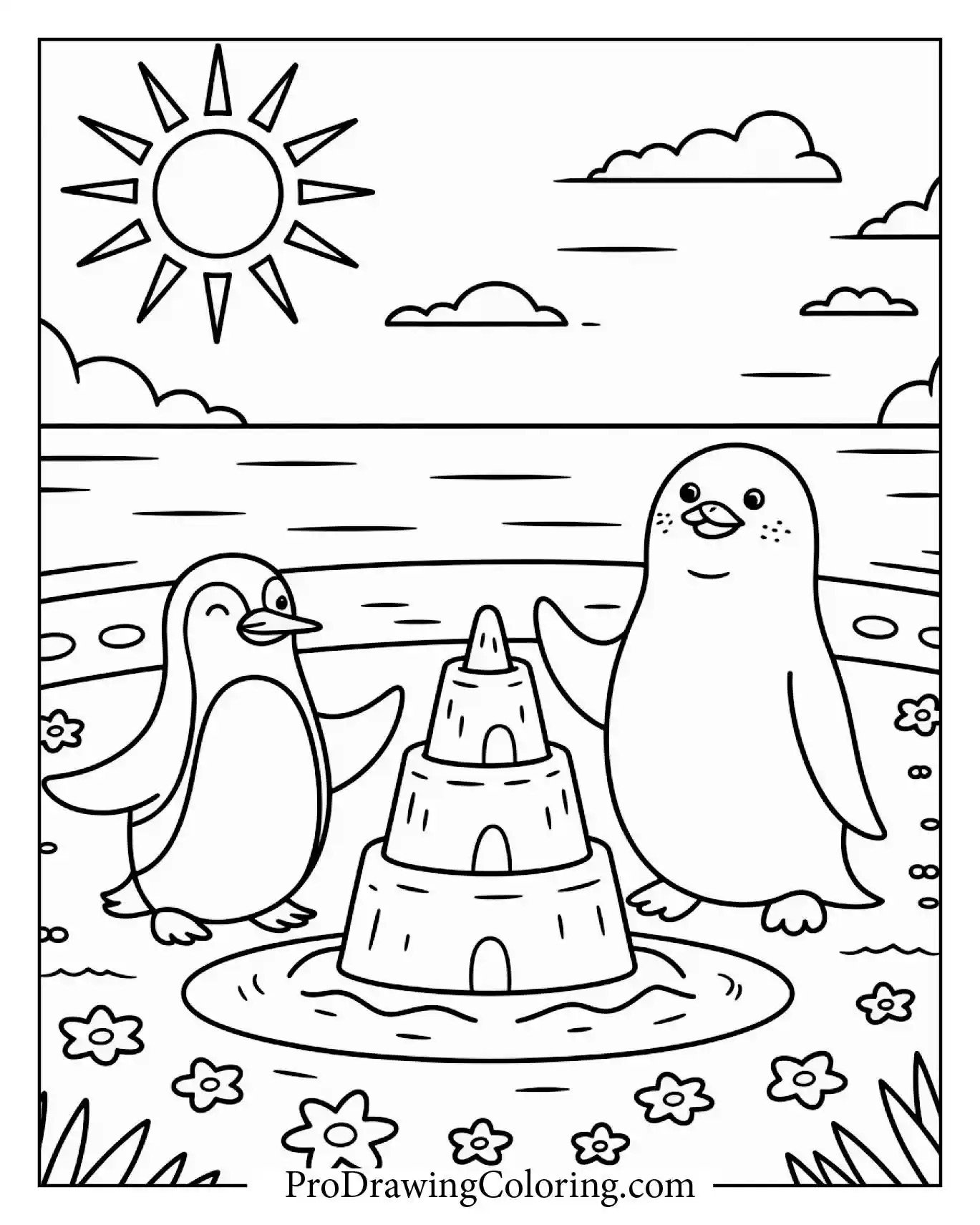 Penguin Seal Sandcastle Coloring Sheet – printable penguin coloring page for kids