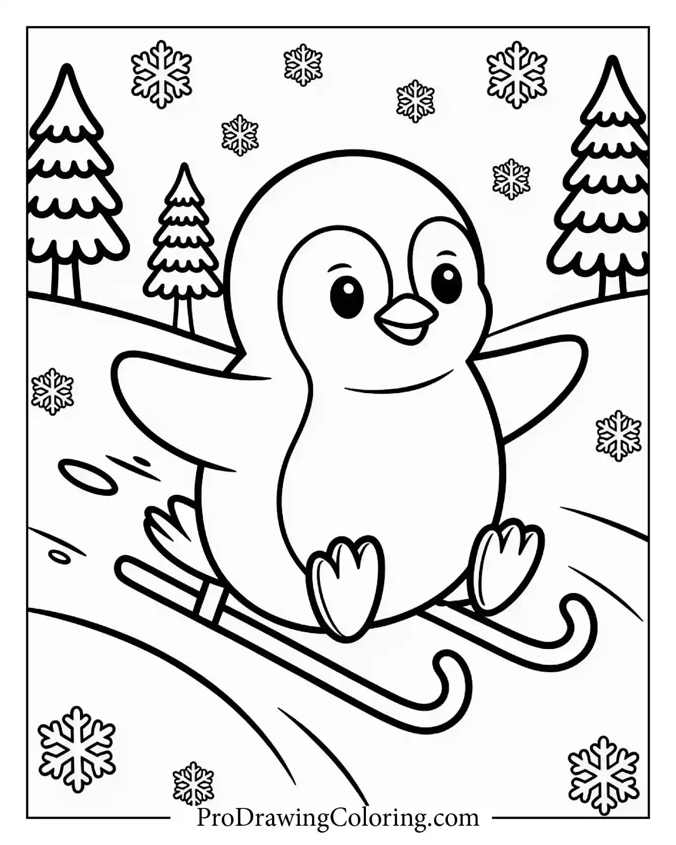 Penguin Sledding Snowy Hill Coloring Page – printable penguin coloring page for kids