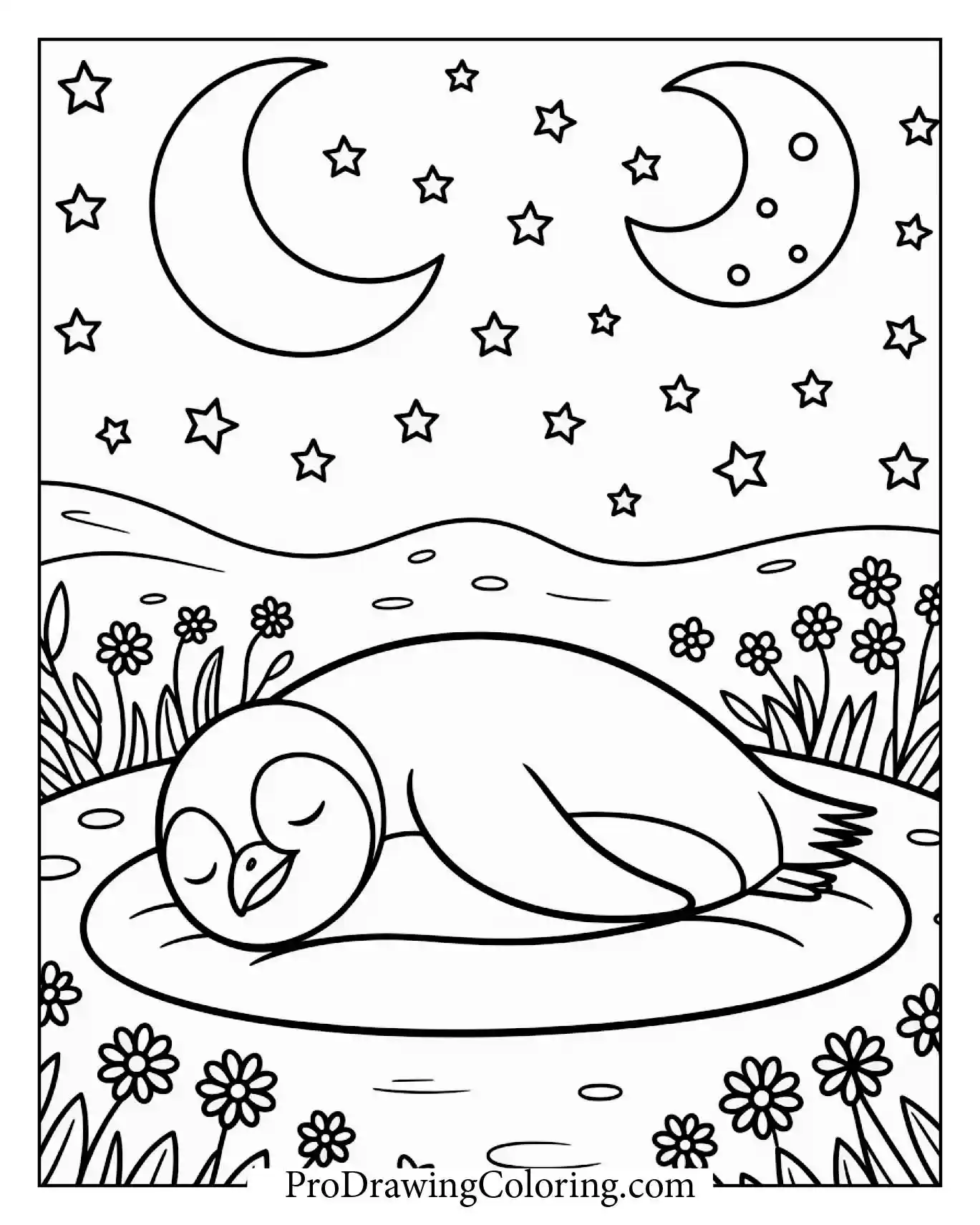 Penguin Sleeping Under Stars – printable penguin coloring page for kids