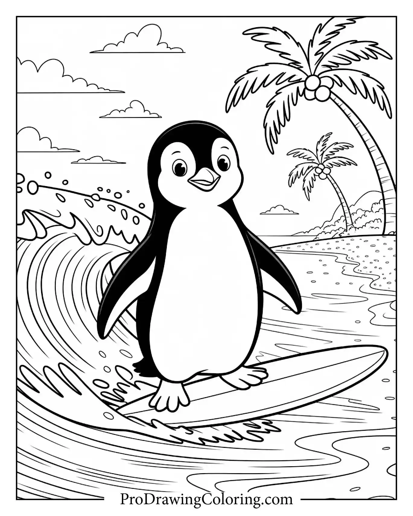 Penguin Surfing Hawaii Coloring Page – printable penguin coloring page for kids