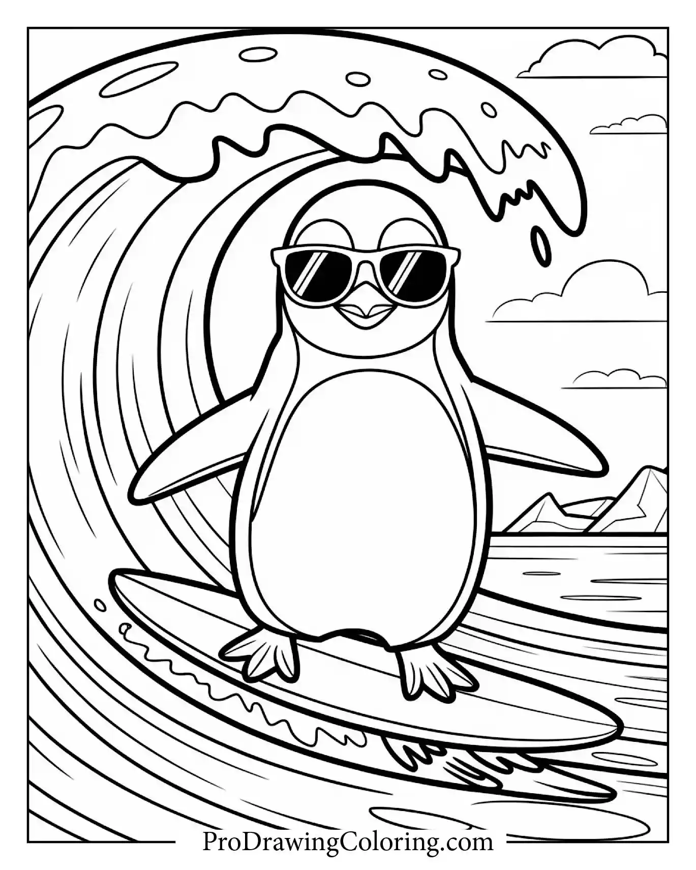 Penguin Surfing On Ice Printable – printable penguin coloring page for kids