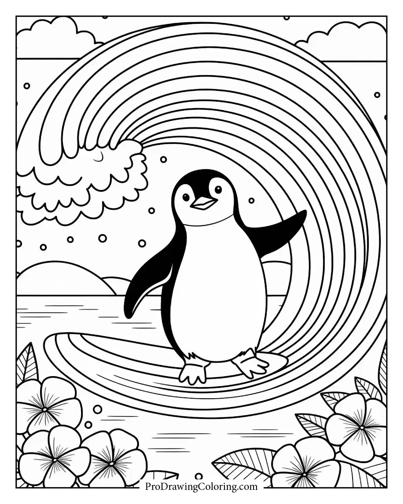 A happy penguin surfing a rainbow-colored wave near tropical flowers printable coloring design