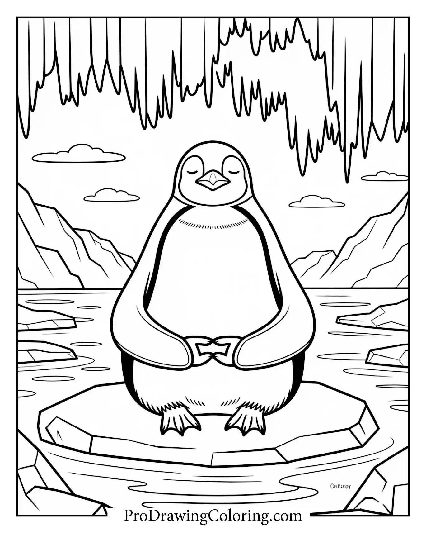 Penguin Under Northern Lights Coloring Page – printable penguin coloring page for kids