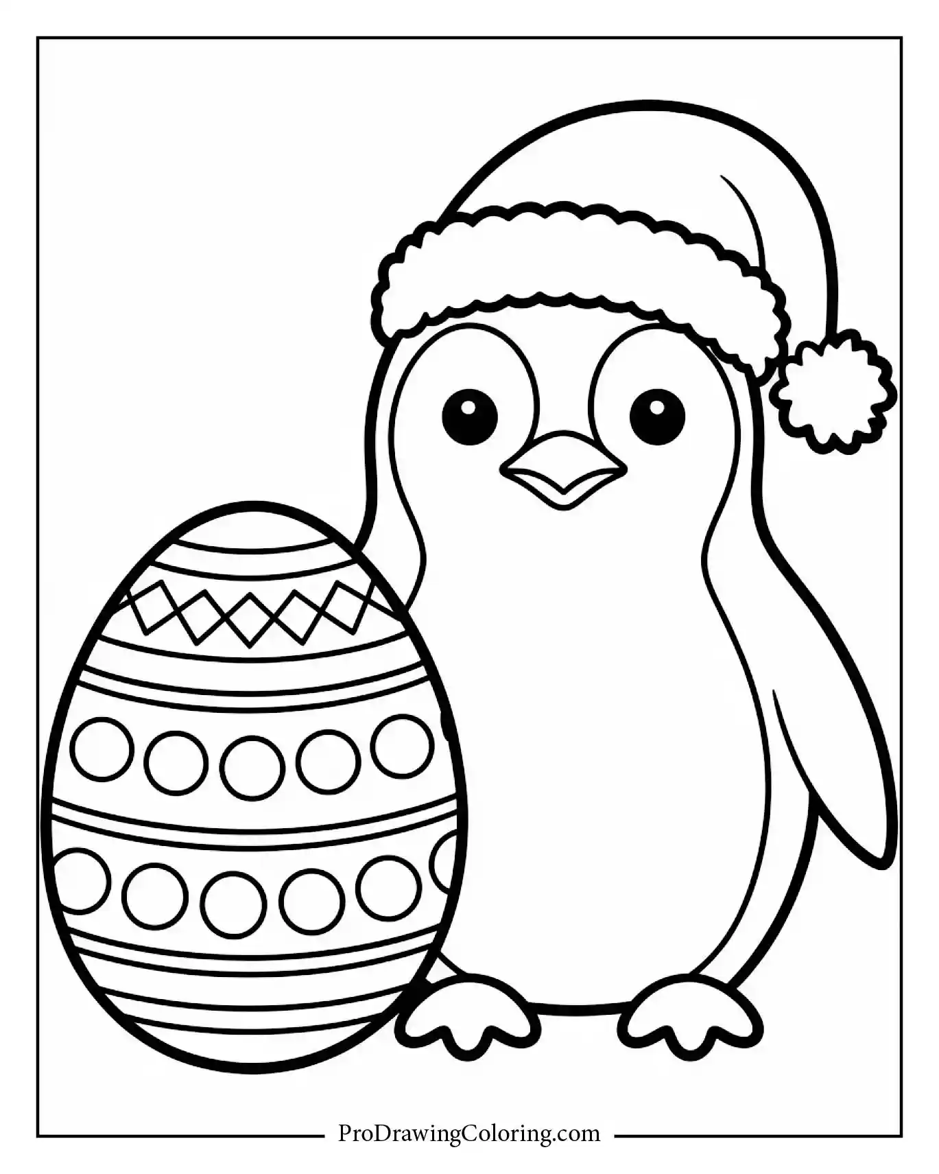 A penguin wearing a Santa hat standing beside a Christmas Easter egg.