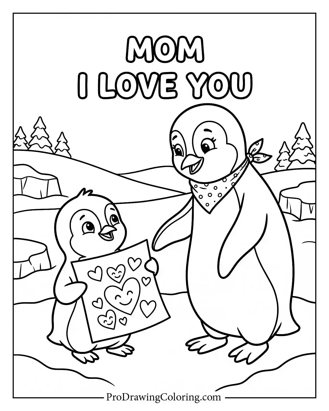 Cute baby penguin happily holding up a beautiful heart card for its mother. A beautifully simple mother's day card coloring sheet.