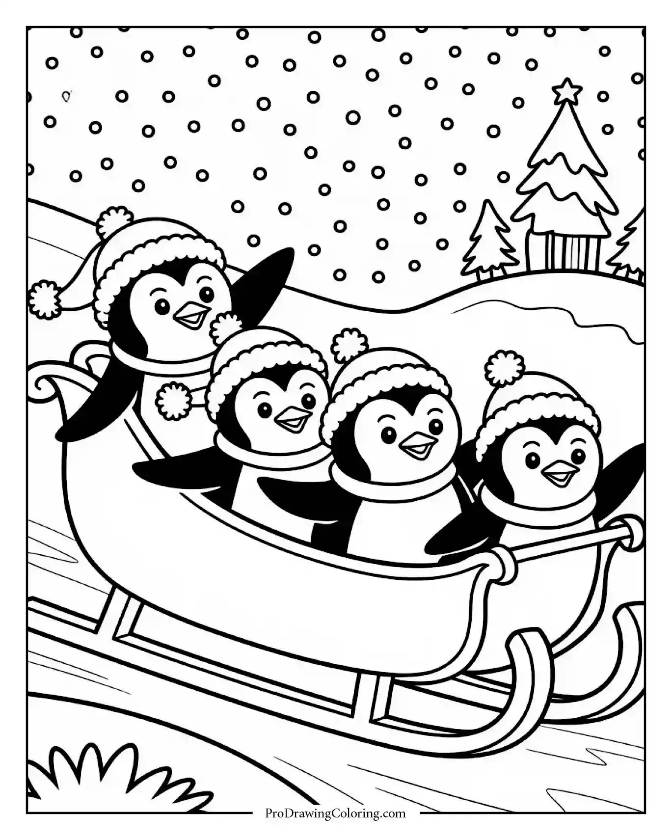 penguins riding sleigh winter Group of penguins riding down snowy hill on sleigh