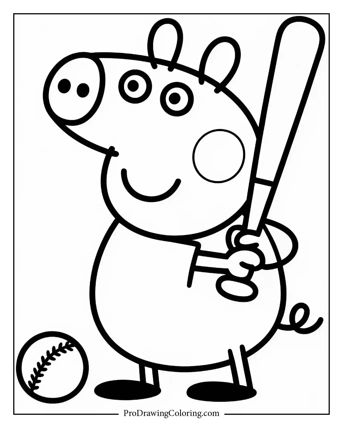 Peppa Pig coloring page showing her playing baseball with helmet