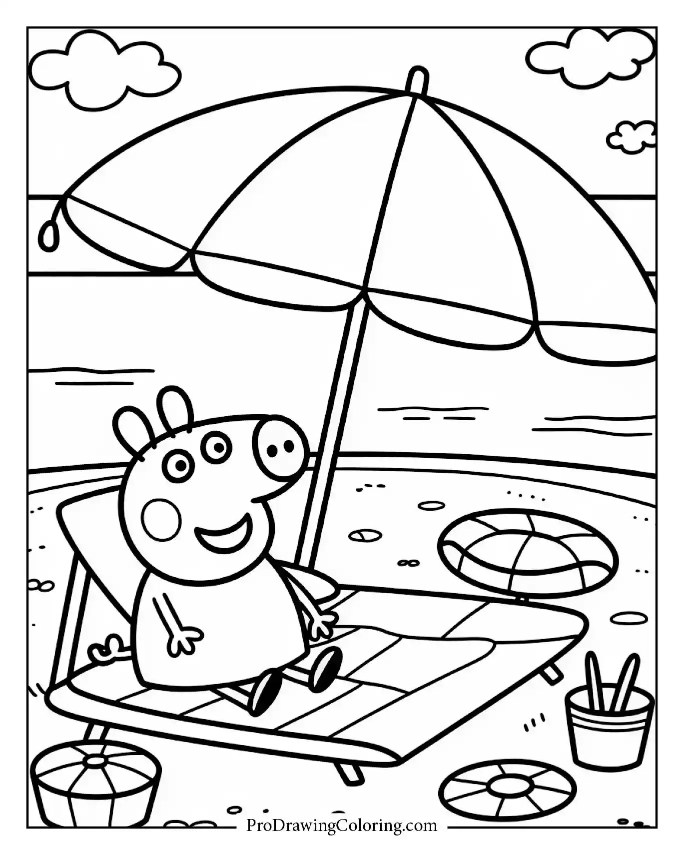 Printable Peppa Pig coloring page showing her relaxing on sunny beach