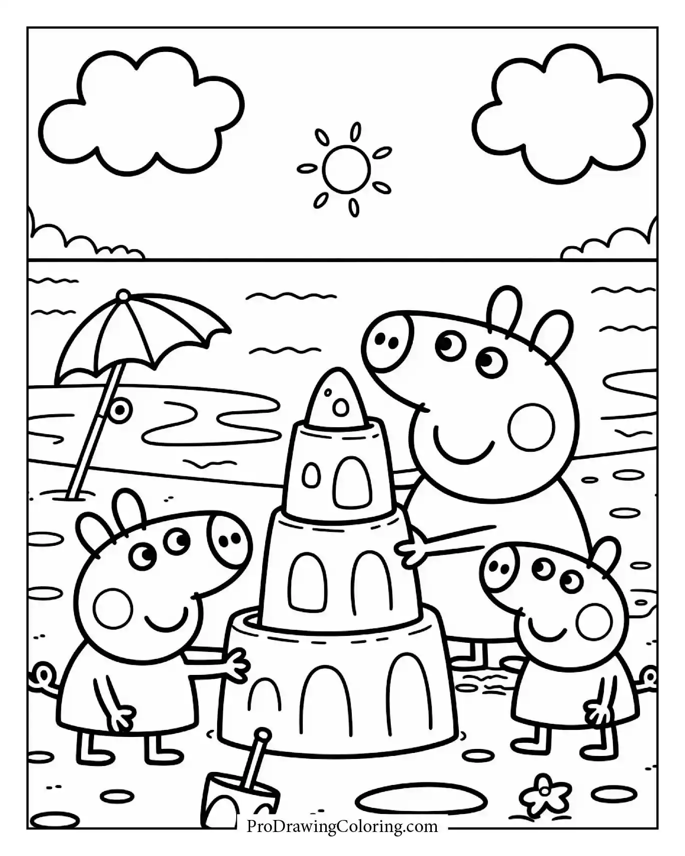 Peppa Pig building sandcastle with bucket and shovel