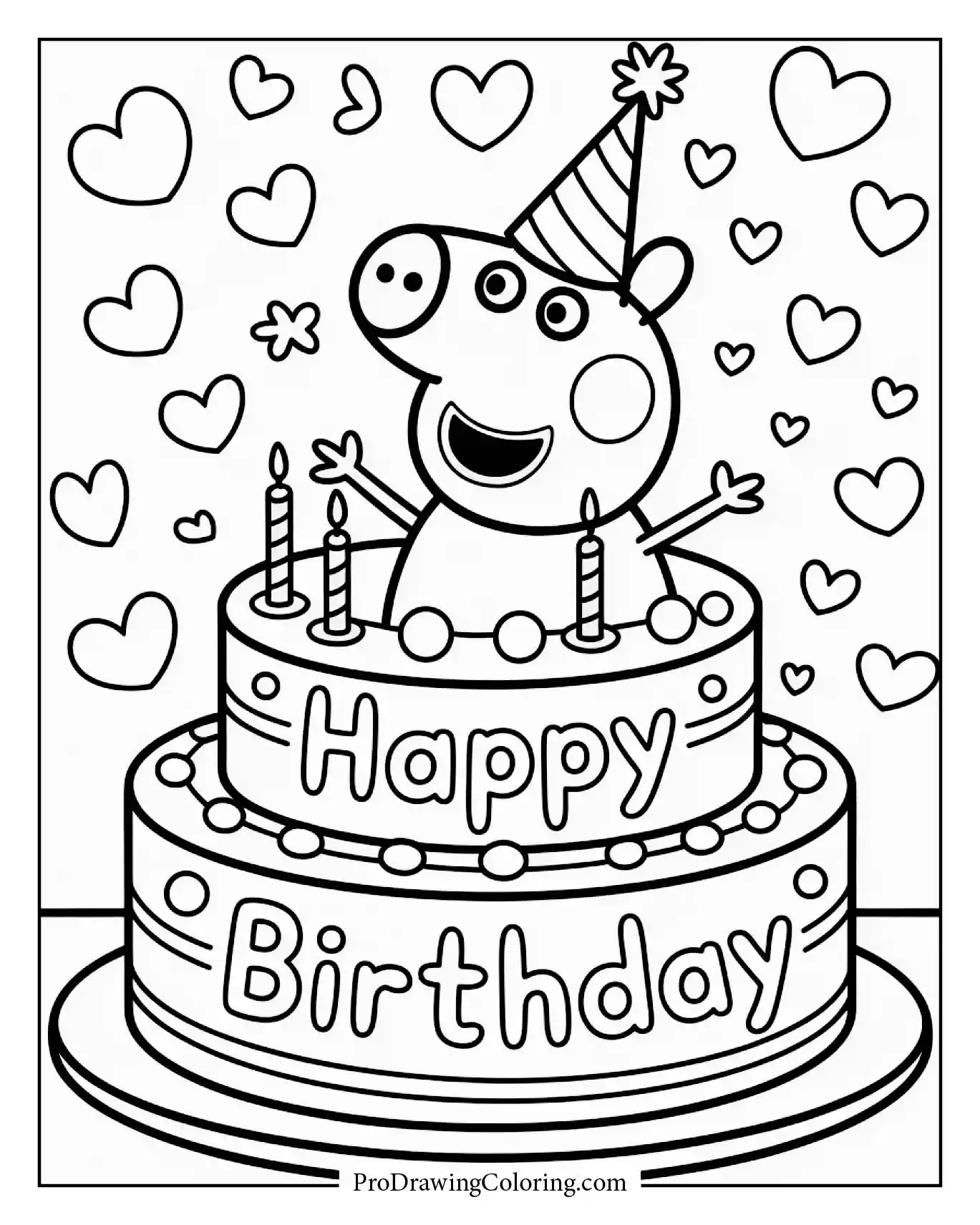 A joyful peppa pig birthday cake scene, cute Happy Birthday Coloring Page for children.