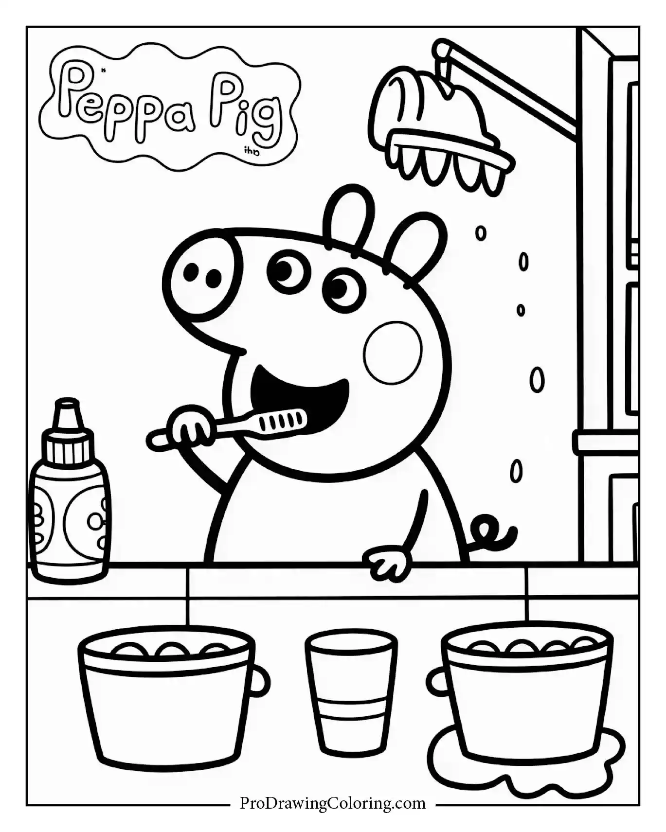 Cute Peppa Pig coloring page for kids showing her brushing teeth in the morning