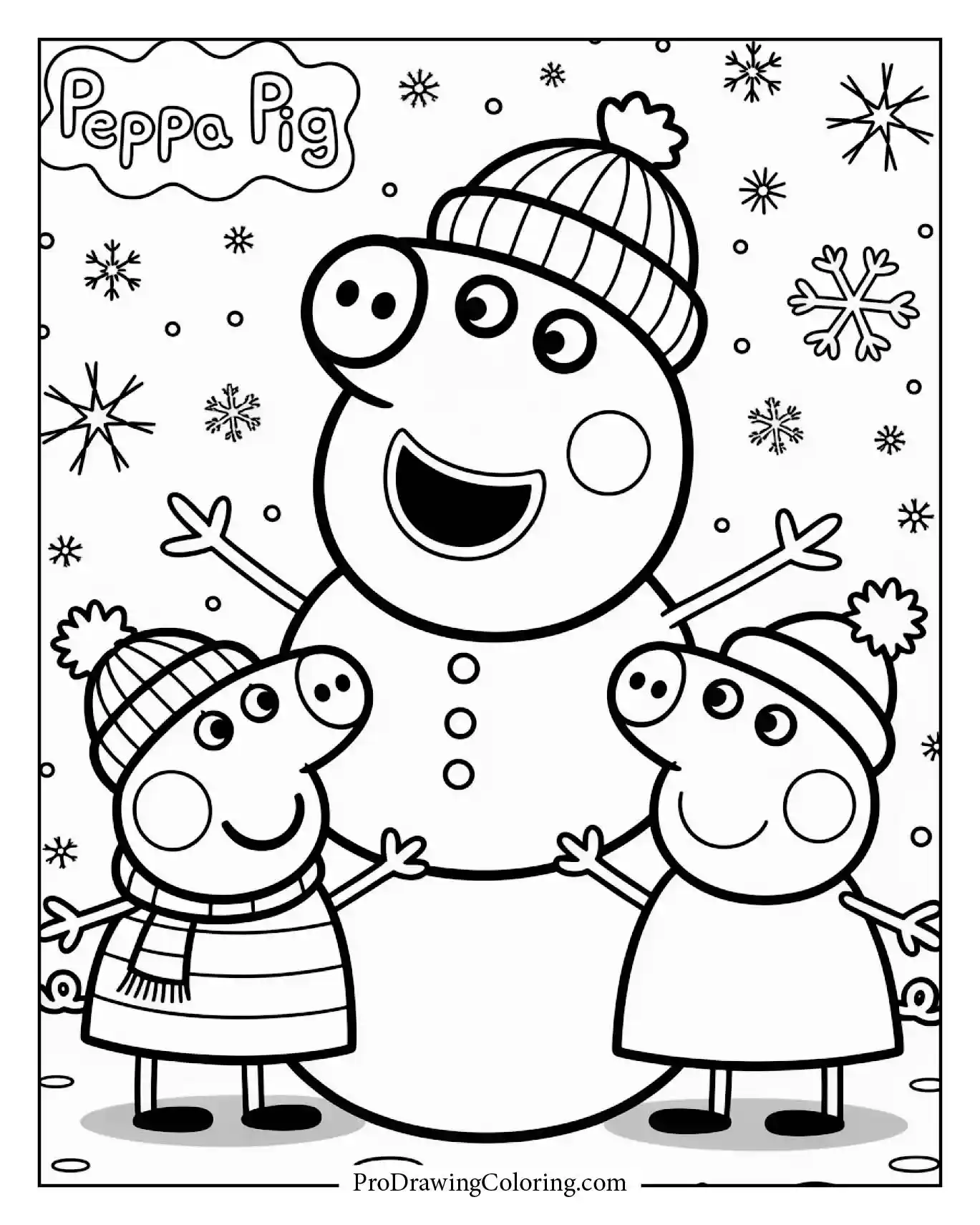 Peppa Pig coloring page to print with snowman scene