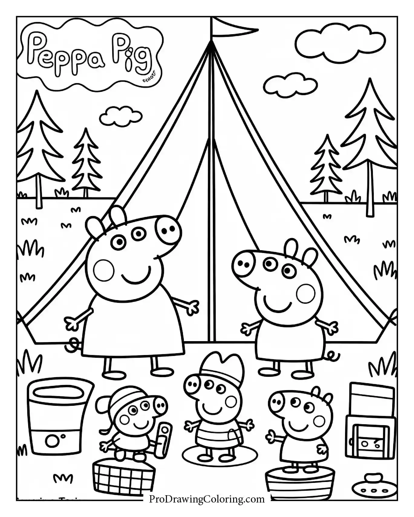Peppa Pig and family camping with tent and lanterns